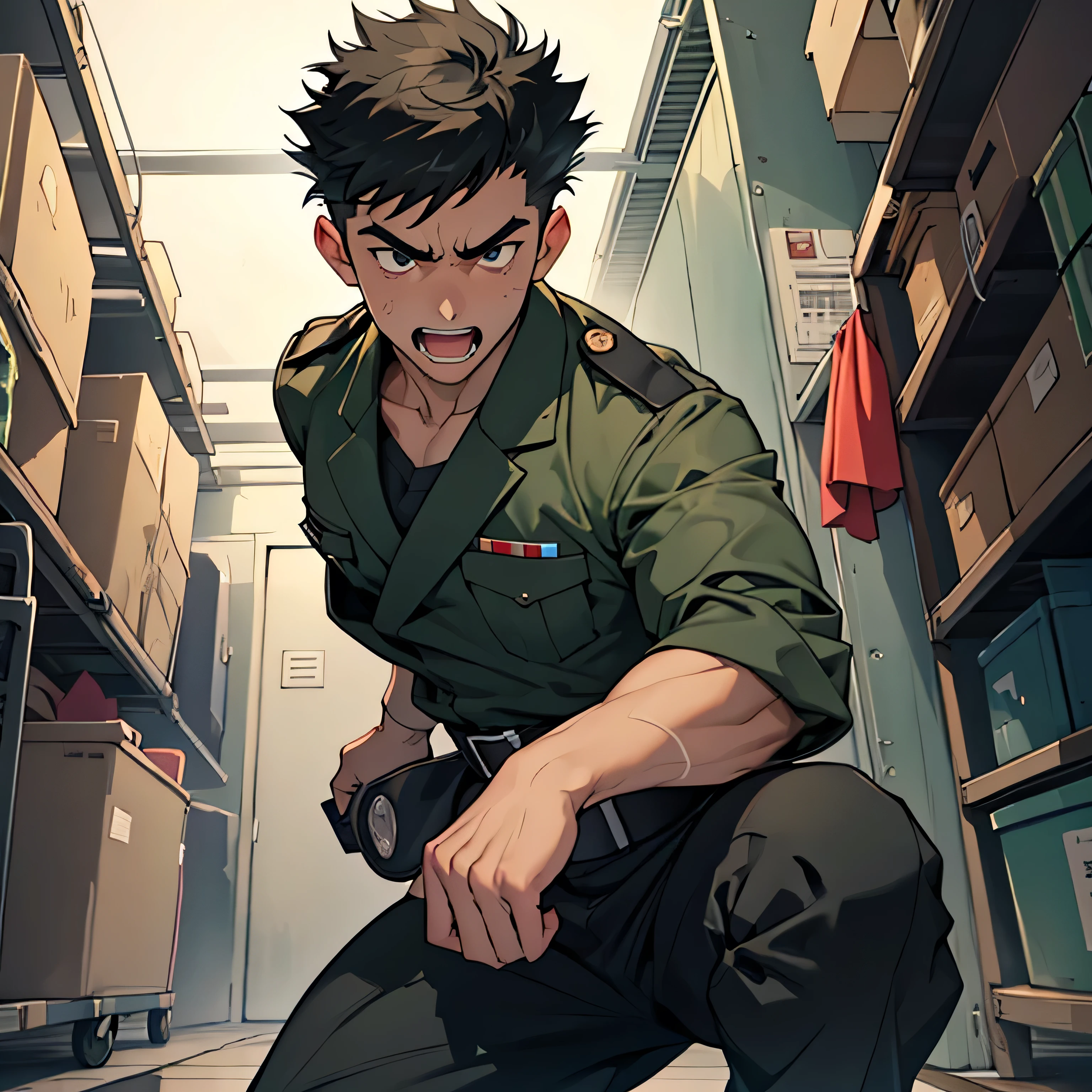 Age 25,, Dark green military uniform、 black slim pants  , black belt、cool battle pose、Spread your legs wider,black belt,logic, Gay , black hair, short hair on the side of the uniform, thick eyebrows,The eye is a blind spot、 Lightly Set Your Hair with Wax 、Masculine,salaryman,Mob characters,bad student、View from below　Open your mouth wide and scream　 painful face　 face up