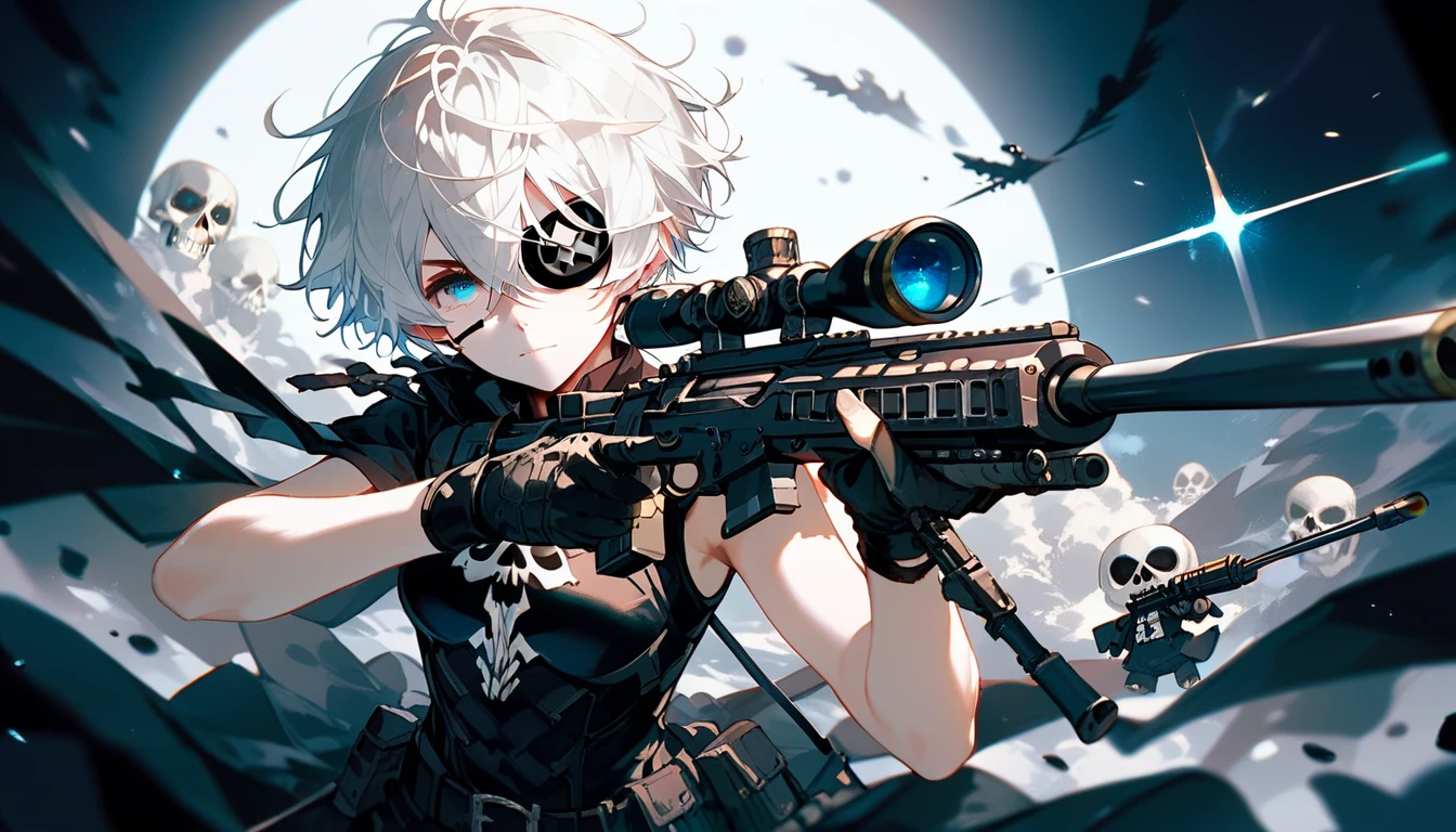  ,White hair,Short hair, eyes patch, in blue eyes, Medium Chest,Dark circles under the eyes,cute,Wearing black gloves ,Sleeveless shirt, holding a black sniper,White skull on the shoulder, black shorts, sniper ,shoot