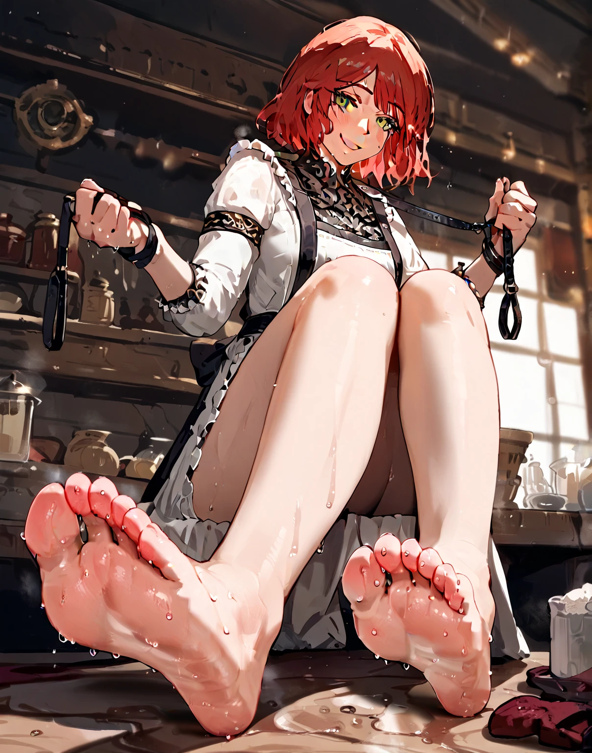 (score_9,score_8_up,score_7_up,),1girl,solo,Roderika from Elden Ring,looking at viewer,cruel smile, apron,red hair,indoors,bare foot,feet focus,two feet, sweaty feet, holding a leash,Anatomically Correct, 