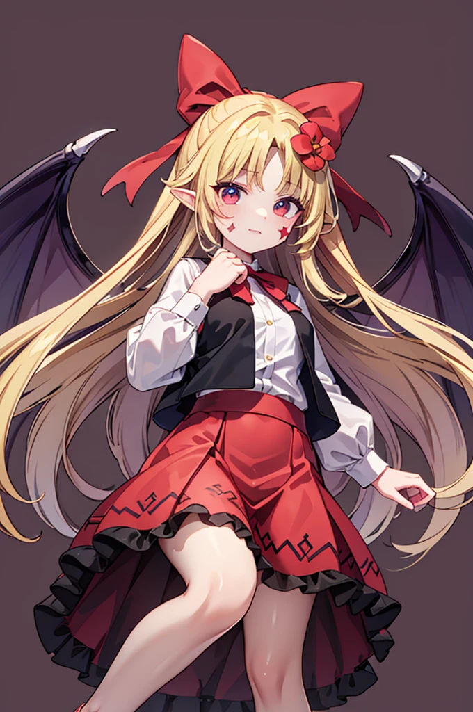 an animated drawing of a female with wings, clean line drawings, ultra cute girl, ultra cute face, ultra detailed eyes, ultra detailed hair, ultra cute, ultra beautiful, ((high end)), (UHD picture), (best quality,4k,8k,highres,masterpiece:1.2), top-quality(​masterpiece), top-quality, ultra-detailed, highly detailed texture, intricate details, high quality textures, masterpiece, best quality, perfect quality, perfect anatomy, perfect body, perfect symmetrical face, perfect hands, perfect feet, (two arms:1.2), (two legs:1.2), (five fingers each:1.2), (perfect joint:1.2), perfect joint movement, precise fingers and hands, 1 beautiful girl, 1 girl, alone, solo, , , ((())), ((ish)), (Best Quality, hight resolution), extremely detailed and lifelike, Vibrant colors, simple background, very long hair, forehead visible bangs, hair flaps, hair ribbon, hair ornament, hair flower, blonde hair, well-formed face, blonde eyes, facial mark, Star-shaped marking on left cheek, devil girl, bat wings, open vest, red vest, red collar, white blouse, long sleeves, long red skirt