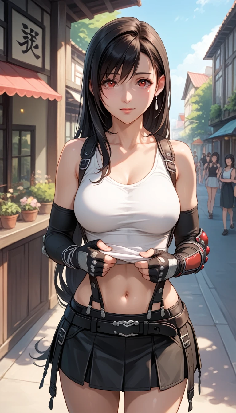 (best quality, masterpiece:1.4), (ultra high resolution:1.4), 8k illustration, extremely detailed, 3D, (realistic:1.45), (photo realistic:1.47), soft focus, blurry background, a Japanese woman, 7rtifa, incredible beautiful woman, extremely delicate and beautiful woman, solo, cute and pretty face, elegant, gentle, neat, red eyes, puffy lips, low-tied long hair, medium breasts, clear and fair skin, perfect figure, earrings, white crop top, suspenders, pleated miniskirt, black thighhighs, arm guards, elbow gloves, fingerless gloves, standing, both hands on hips, gentle smile, (in the slum:1.3), (cowboy shot), (shot from diagonally front),
