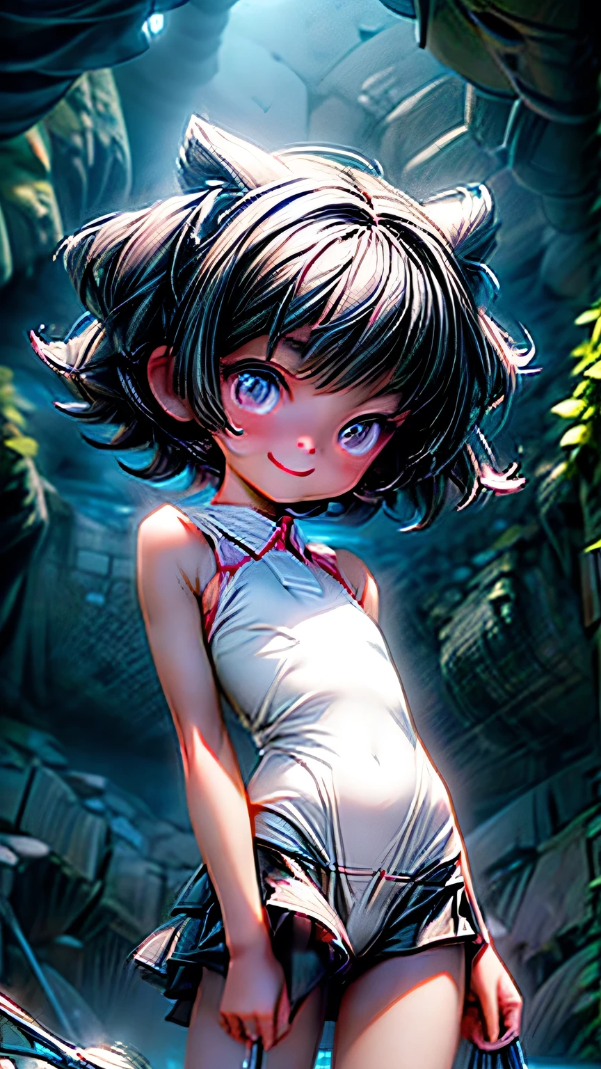 1 Girl、 black hair short hair 、woman、Attractive big boobs、 tennis wear、Fit Body、chic、Iris、( happy expression)、Girl standing in front of viewers 、( dark cave interior background))、Thighs(( portrait of upper body looking diagonally up)))、 legs spread 、bend