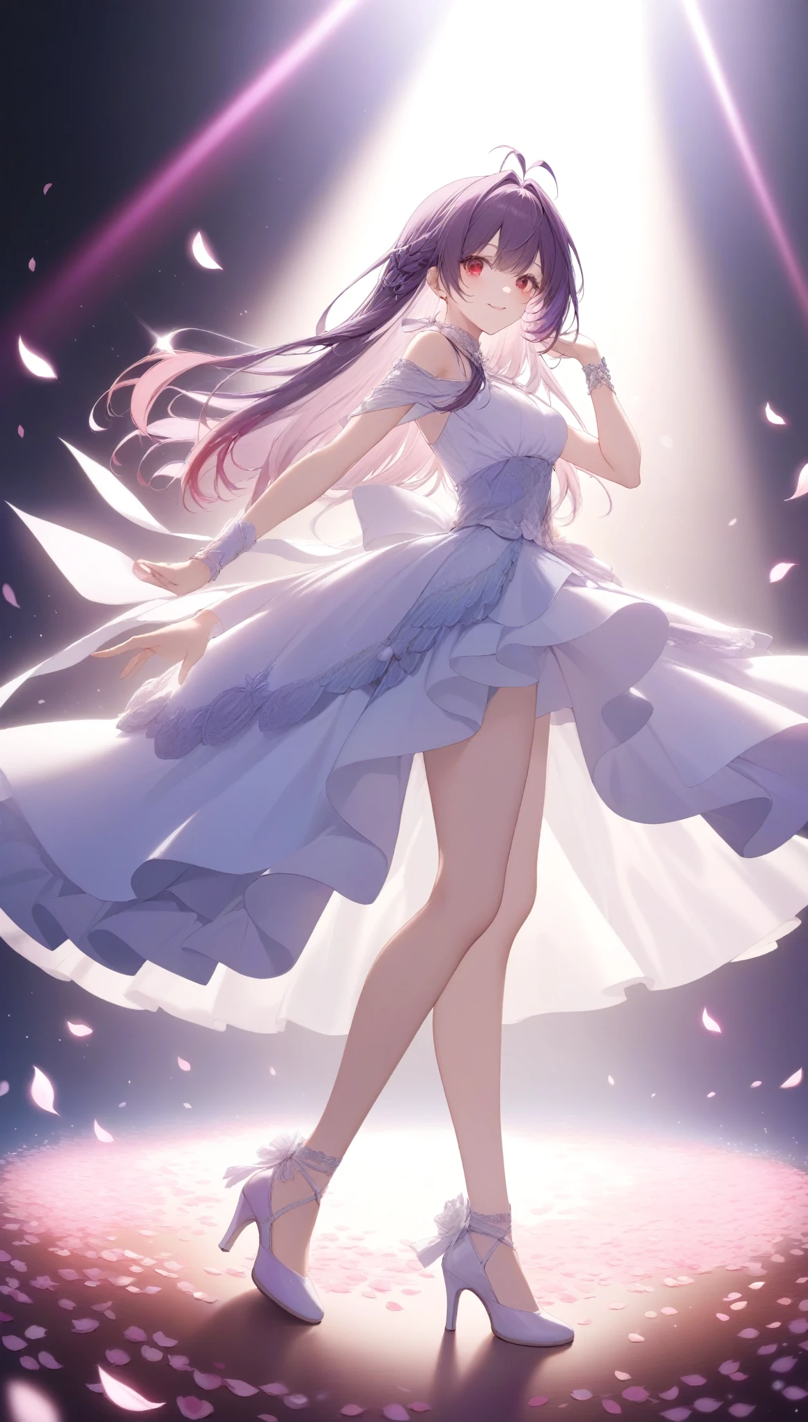 (Must work)、( best quality)、very detailed hands、(( 1 girl))、 solo full body shot、 Viewers' Perspective 、dance、(smile)、 winks、Cheek、Eye Makeup、((Dark purple hair、antenna hair、 half up、Red eyes:1.3))、gorgeous blue idol costume、Solo Idol、 tiara 、Cute shoes with high heels 、Concert Dome、Live、dynamic pose、 smiling with their mouths wide open、Laser Light、 Spotlight、Tons of petals dancing 、Sparkling effects
