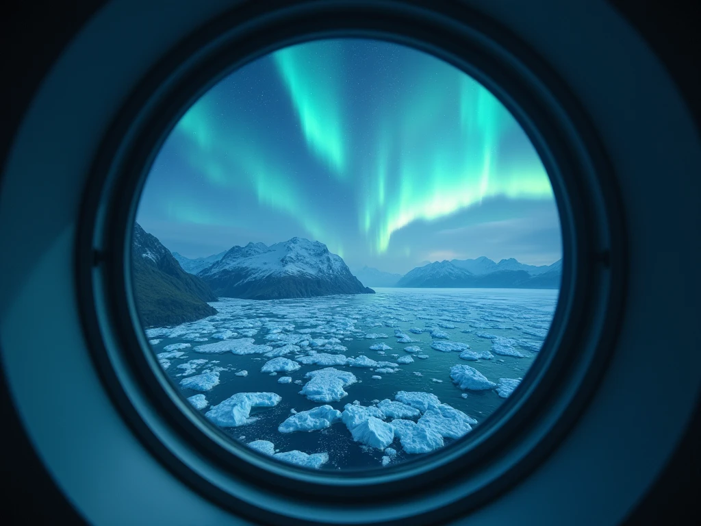 masterpiece, view from port hole window,auroras are vaguely projected in the night sky（ moving illustration ）,Glaciers flow through the vast ocean, best quality,  high definition model ,  widescreen ,  fisheye shot ,motion blur, 8k,  digital art, 