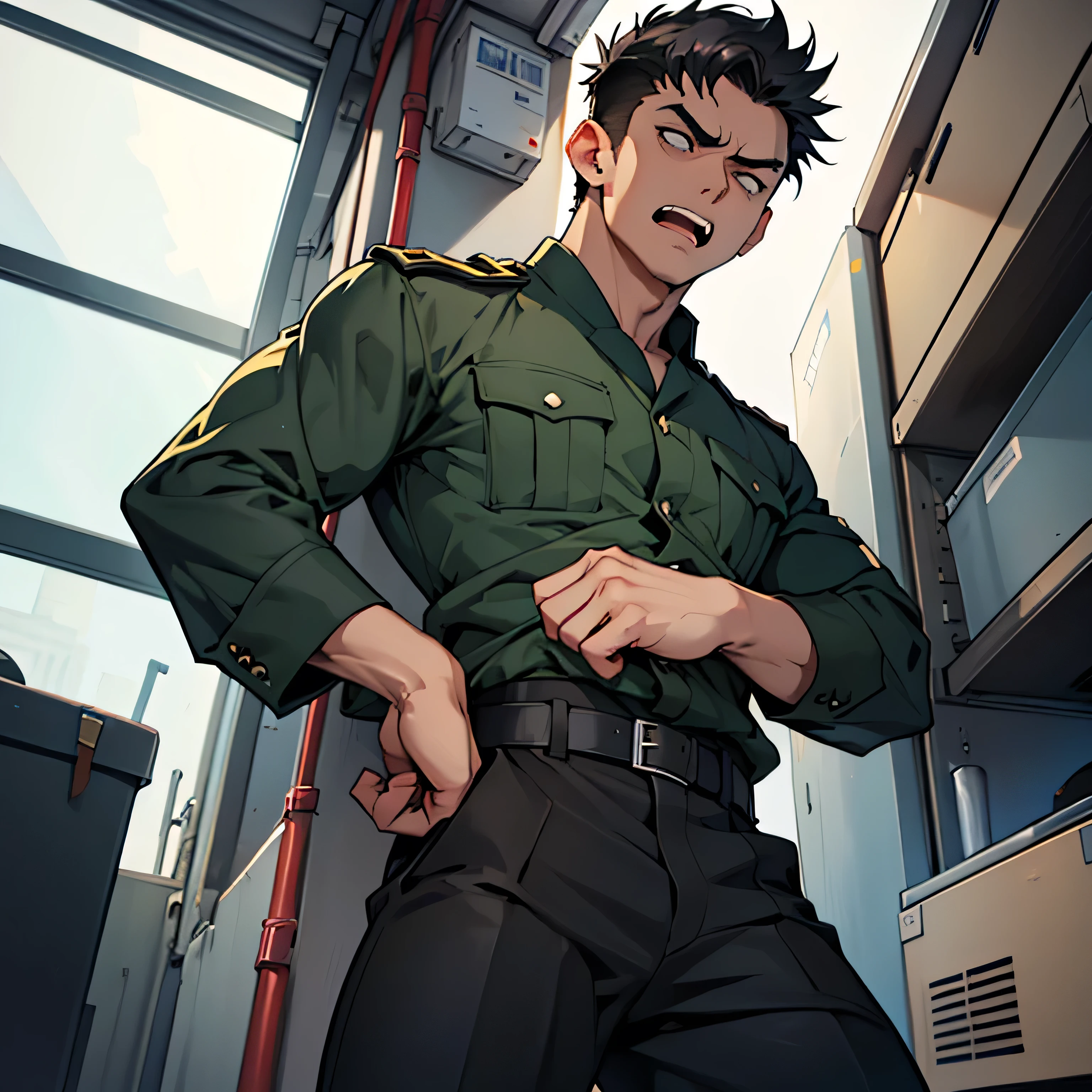 Age 25,, Dark green military uniform、 black slim pants  , black belt、cool battle pose、Spread your legs wider,black belt,logic, Gay , black hair, short hair on the side of the uniform, thick eyebrows,The eye is a blind spot、 Lightly Set Your Hair with Wax 、Masculine,salaryman,Mob characters,bad student、View from below　Open your mouth wide and scream　 painful face　 face up