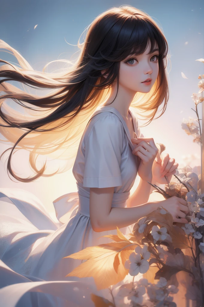 grassy fields,Shrouded in moonlight,Distant girl,far off,broad,dream magical,White moonshine,the night,The wind blows hair,Wide meadow
