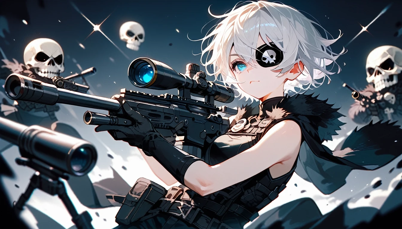  ,White hair,Short hair, eyes patch, in blue eyes, Medium Chest,Dark circles under the eyes,cute,Wearing black gloves ,Sleeveless shirt, holding a black sniper,White skull on the shoulder, black shorts, sniper ,shoot