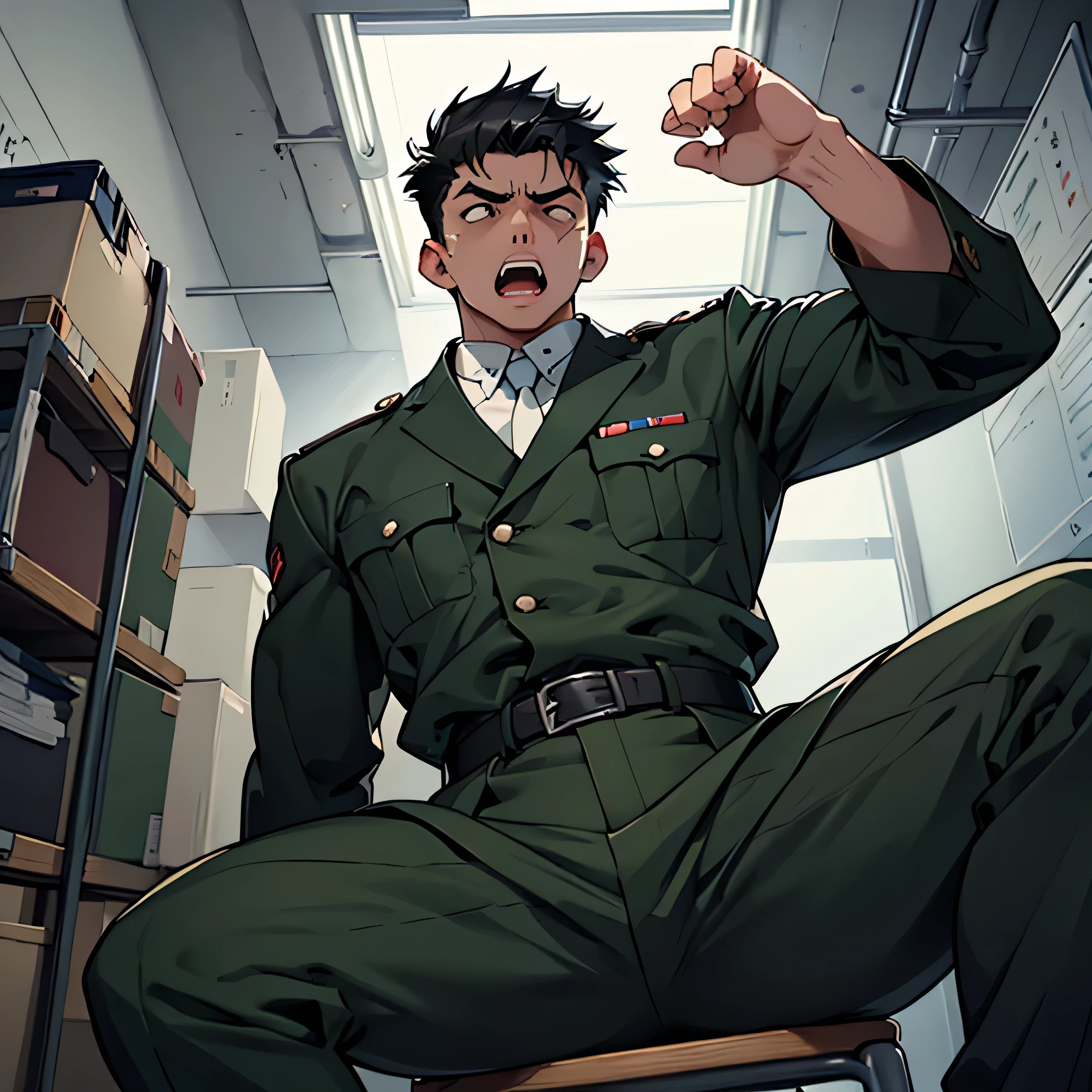 Age 25,, Dark green military uniform、 black slim pants  , black belt、cool battle pose、Spread your legs wider,black belt,logic, Gay , black hair, short hair on the side of the uniform, thick eyebrows,The eye is a blind spot、 Lightly Set Your Hair with Wax 、Masculine,salaryman,Mob characters,bad student、View from below　Open your mouth wide and scream　 painful face　 face up