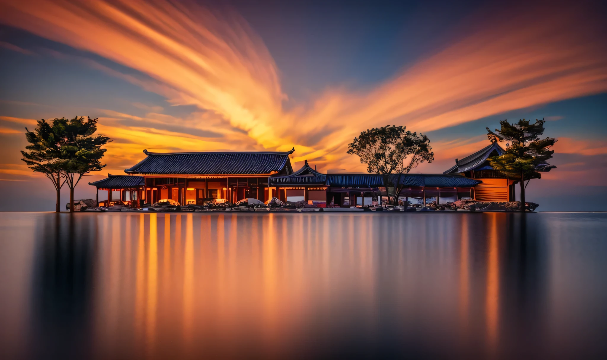 a detailed ancient chinese architectural facade, intricate traditional chinese architecture, ornate roofs with curved eaves, detailed stone carvings, weathered and aged stone walls, elegant curved roofs, dramatic lighting, warm golden hour lighting, dramatic shadows, cinematic composition, digital painting, concept art, highly detailed, masterpiece, photorealistic, 8k