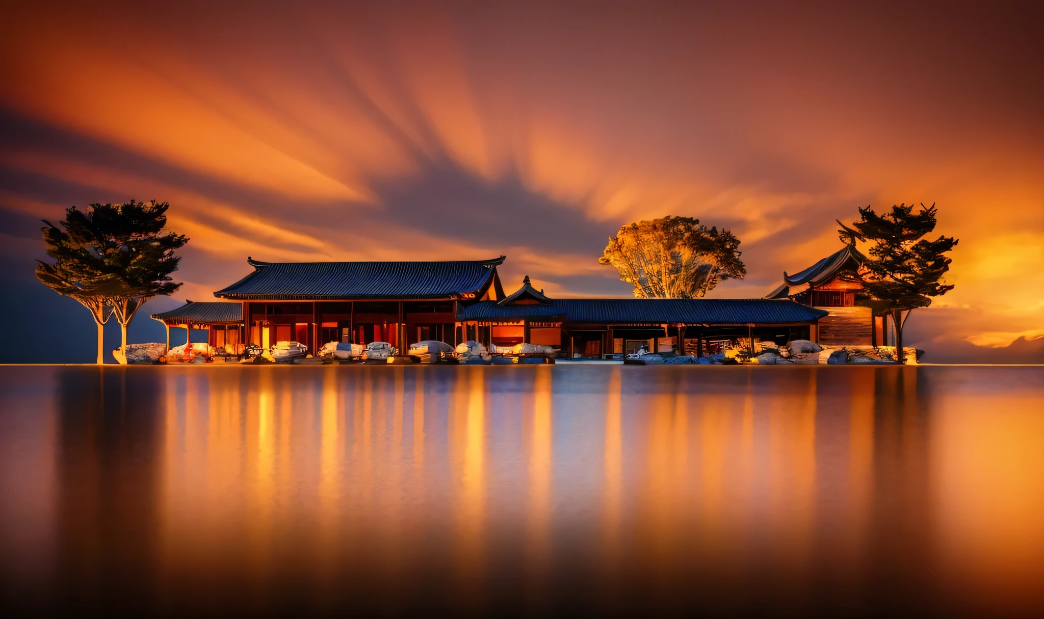 a detailed ancient chinese architectural facade, intricate traditional chinese architecture, ornate roofs with curved eaves, detailed stone carvings, weathered and aged stone walls, elegant curved roofs, dramatic lighting, warm golden hour lighting, dramatic shadows, cinematic composition, digital painting, concept art, highly detailed, masterpiece, photorealistic, 8k