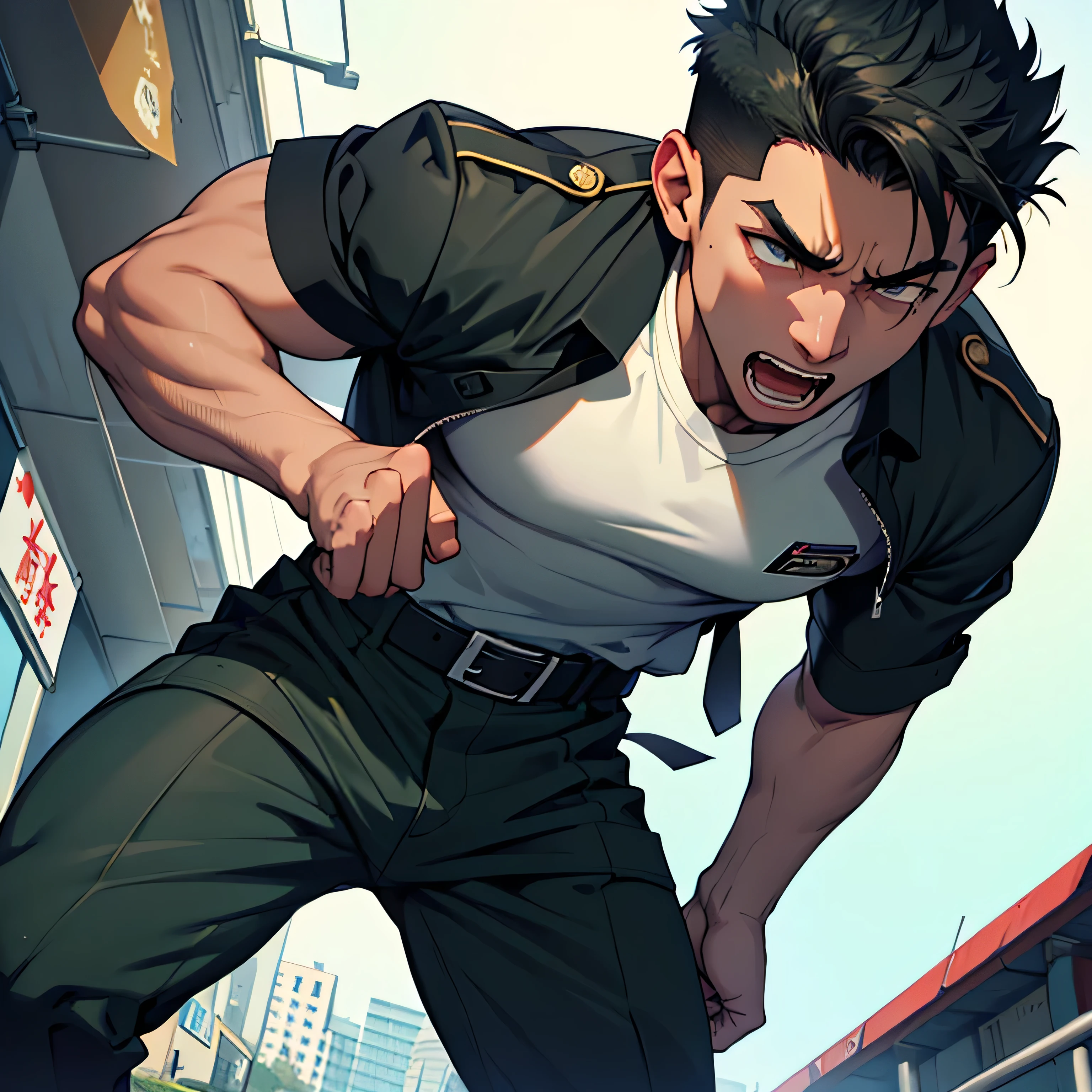 Age 25,, Dark green military uniform、 black slim pants  , black belt、cool battle pose、Spread your legs wider,black belt,logic, Gay , black hair, short hair on the side of the uniform, thick eyebrows,The eye is a blind spot、 Lightly Set Your Hair with Wax 、Masculine,salaryman,Mob characters,bad student、View from below　Open your mouth wide and scream　 painful face　 face up