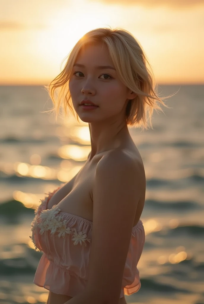 highest quality,masterpiece,Ultra-high resolution,(Reality:1.4),Original photo,Cinema Lighting,大きな胸，
One blonde short hair Sweden girl,,Backlighting,Ocean，good looking，cute