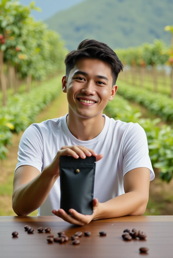 "A photorealistic image of a smart Thai man holding a smaller matte black ziplock stand-up tea pouch, about the size of his hand, appearing compact and portable. The man has a gentle smile and wears a casual white outfit, such as a light white shirt, matching the brand's natural and organic aesthetic. The tea pouch is plain, with no text or label, and appears eco-friendly. The background is a stunning coffee plantation, featuring lush greenery, rows of coffee plants with ripening berries, and soft, natural lighting that highlights the beauty of the landscape. The setting exudes freshness and tranquility. Subtle details like a wooden table edge or scattered coffee beans in the foreground enhance the branding's natural vibe. The focus is balanced between the model and the smaller pouch, with realistic hand positioning and light reflections on the pouch."