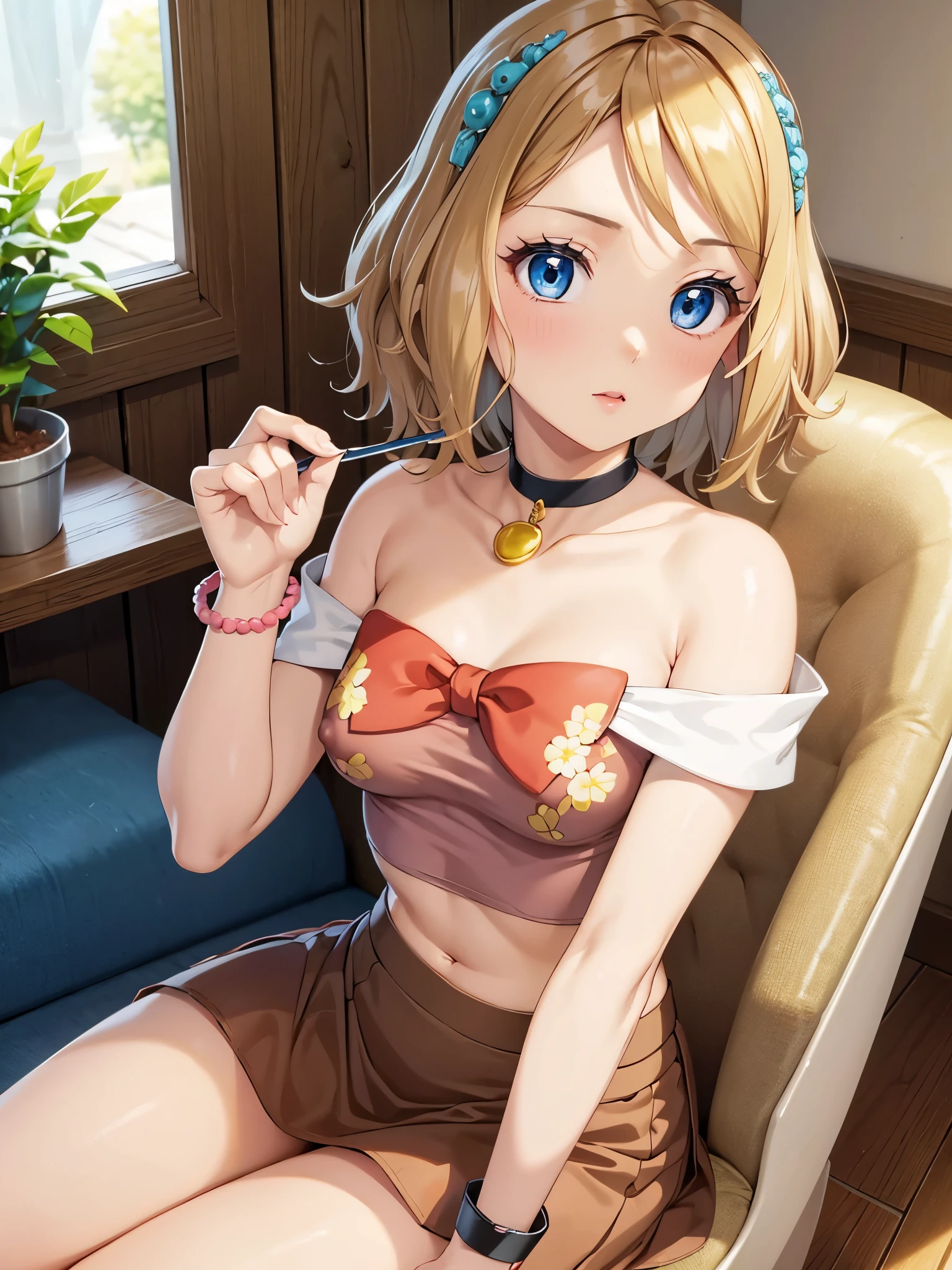 1woman, beautiful woman, photo of slim girl model, cute young woman, happy, small, (Young), good-looking, very short blouse, printed blouse, miniskirt, light brown hair, short hair, wavy hair, bare arms, medium breasts, blue eyes, perfect anatomy, perfect hands, detailed eyes, navel, midriff, beautiful and detailed lips, woven bracelets, indoors, coach, sitting on coach, close up, on back, long eyelashes, beautiful face, detailed eyelashes, detailed lips, lip gloss, anime style, naughty face, knee up, bare shoulders, plunging neckline, covered nipples,