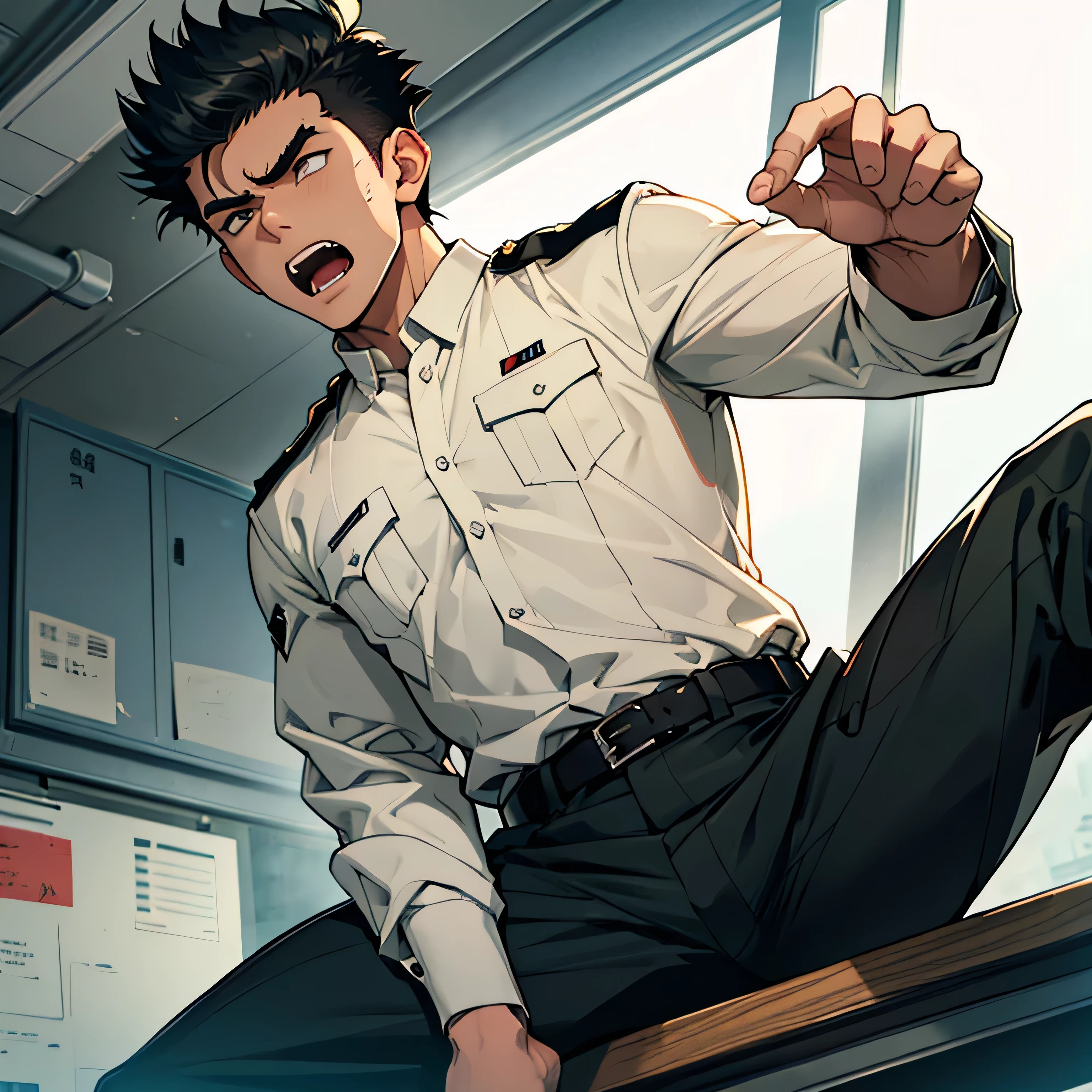 Age 25,, Dark green military uniform、 black slim pants  , black belt、cool battle pose、Spread your legs wider,black belt,logic, Gay , black hair, short hair on the side of the uniform, thick eyebrows,The eye is a blind spot、 Lightly Set Your Hair with Wax 、Masculine,salaryman,Mob characters,bad student、View from below　Open your mouth wide and scream　 painful face　 face up