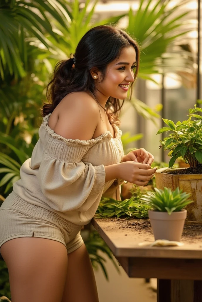 Surrounded by lush greenery and potted plants, she leans over a rustic wooden table, delicately planting a tiny succulent. Her curls are partially tied back, with strands framing her face as she smiles softly. She wears an oversized, off-shoulder knit sweater that reveals one shoulder and hints at her collarbone and figure. Her shorts display her thick, muscular thighs, catching the sun streaming through glass panes above. The setting glows with golden green light, and the color palette is a blend of sage, soft cream, and amber, giving a warm, peaceful atmosphere
