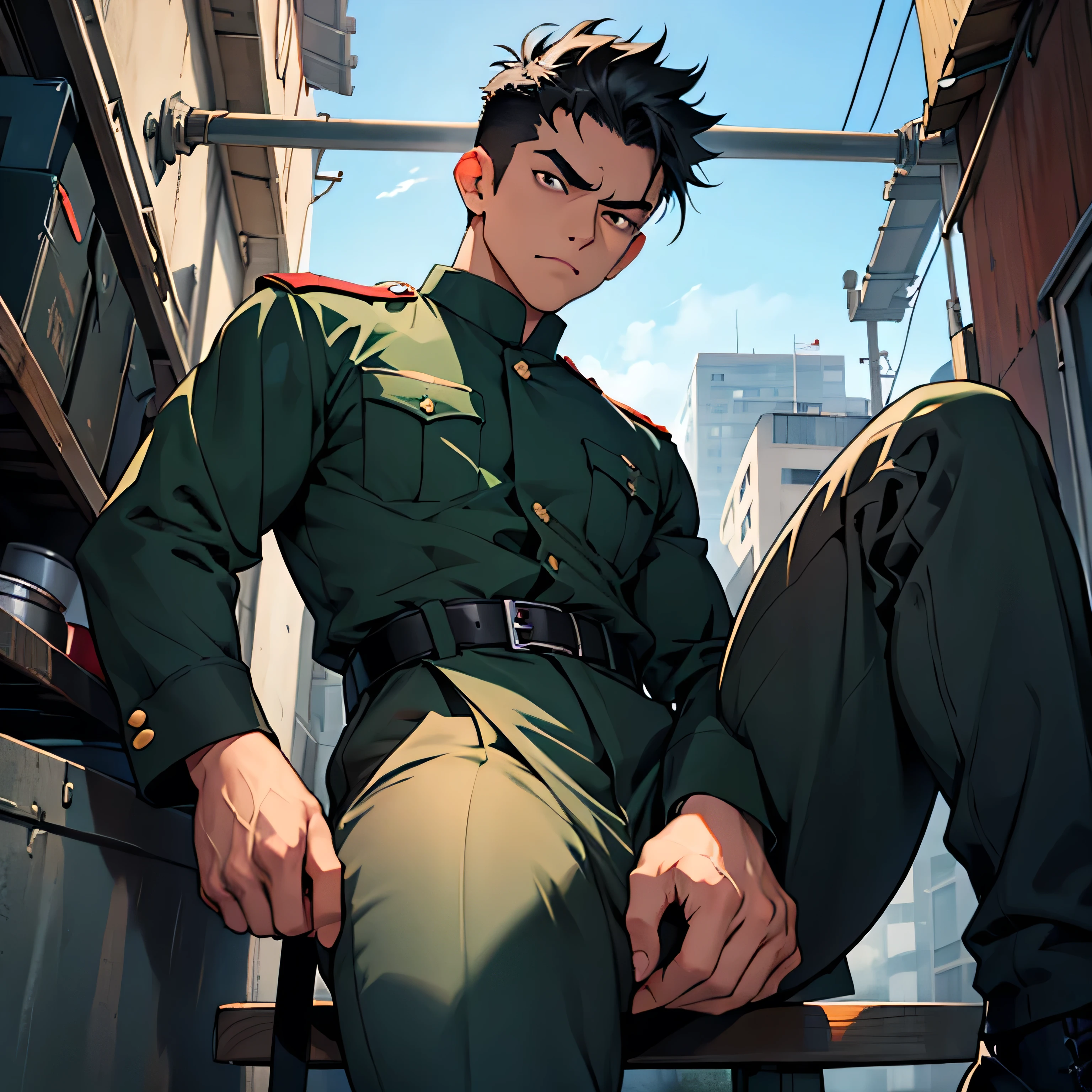 Age 25,, Dark green military uniform、 black slim pants  , black belt、cool battle pose、Spread your legs wider,black belt,logic, Gay , black hair, short hair on the side of the uniform, thick eyebrows,The eye is a blind spot、 Lightly Set Your Hair with Wax 、Masculine,salaryman,Mob characters,bad student、View from below　Menacing look　 face up