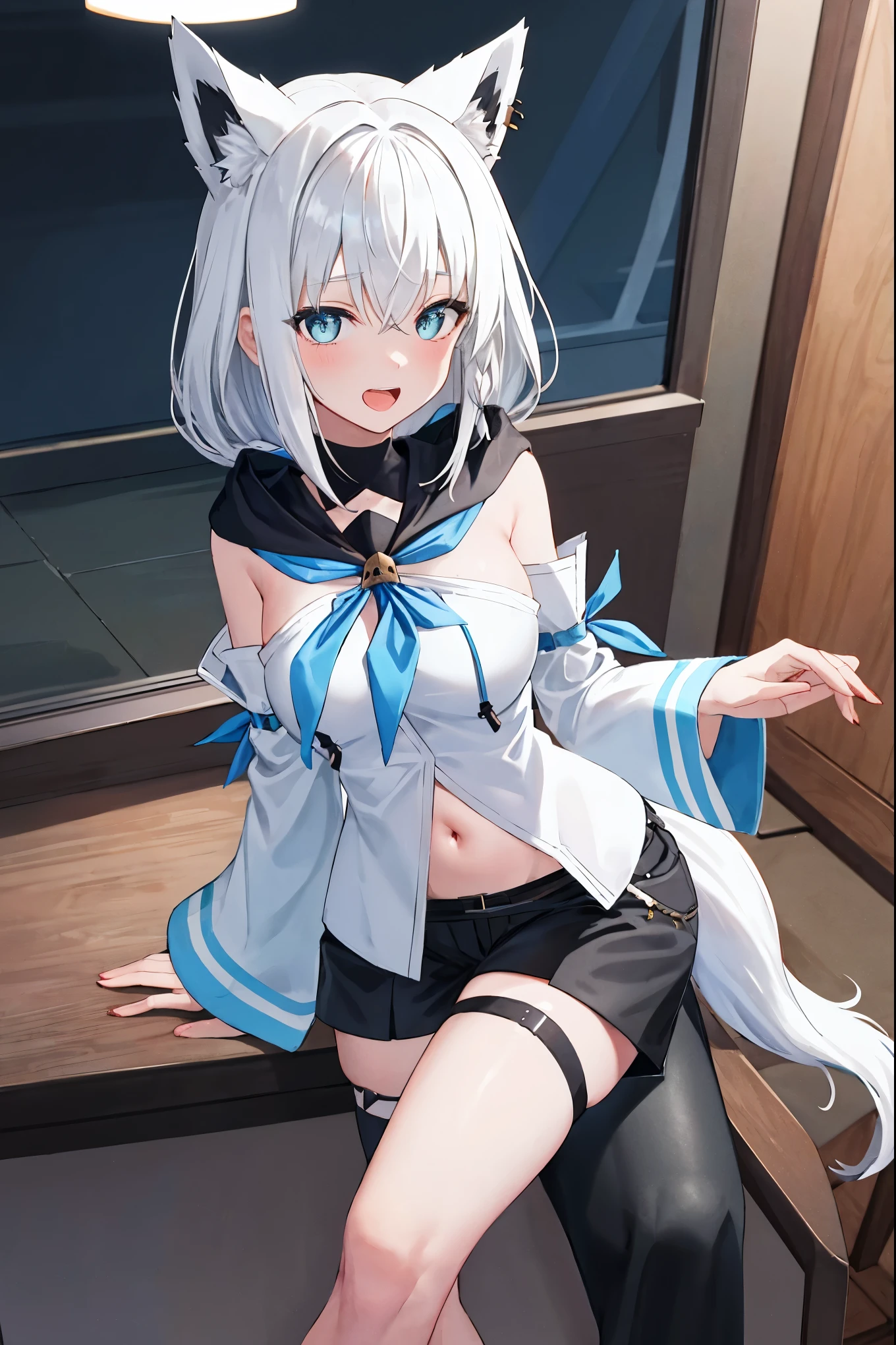 NSFW,One girl,Hololive,Shirakami Fubuki,White blouse、[abdomen::12]、Sleeveless、Black shorts、Blue neckerchief、Thigh straps、Single knee socks、Gray Hair、One side braided,（Fox&#39;s Tail：1.2）,(Perfect hands),(Perfect Anatomy),(masterpiece),(highest quality),Embarrassed,blush,In heat,(Ecstasy face:1.5),(orgasm:1.5),(One man:1.5),(Having sex:1.5),Side view,train