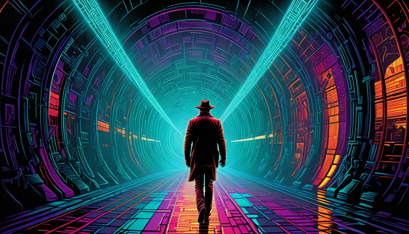 there is a man walking through a tunnel with a light shining on him, inspired by Kilian Eng, dan mumford. maya render, dan mumford tom bagshaw, by Kilian Eng, dan mumford and alex grey style, in the style dan mumford artwork, ( ( ( ( ( dan mumford ) ) ) ) ), in style of 80s sci-fi art