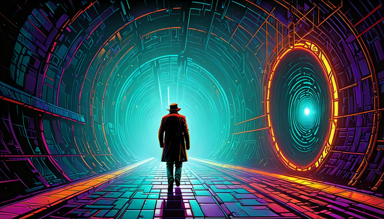 there is a man walking through a tunnel with a light shining on him, concept art inspired by Kilian Eng, cgsociety contest winner, digital art, dan mumford. maya render, dan mumford tom bagshaw, dan mumford and alex grey style, in the style dan mumford artwork, ( ( ( ( ( dan mumford ) ) ) ) )