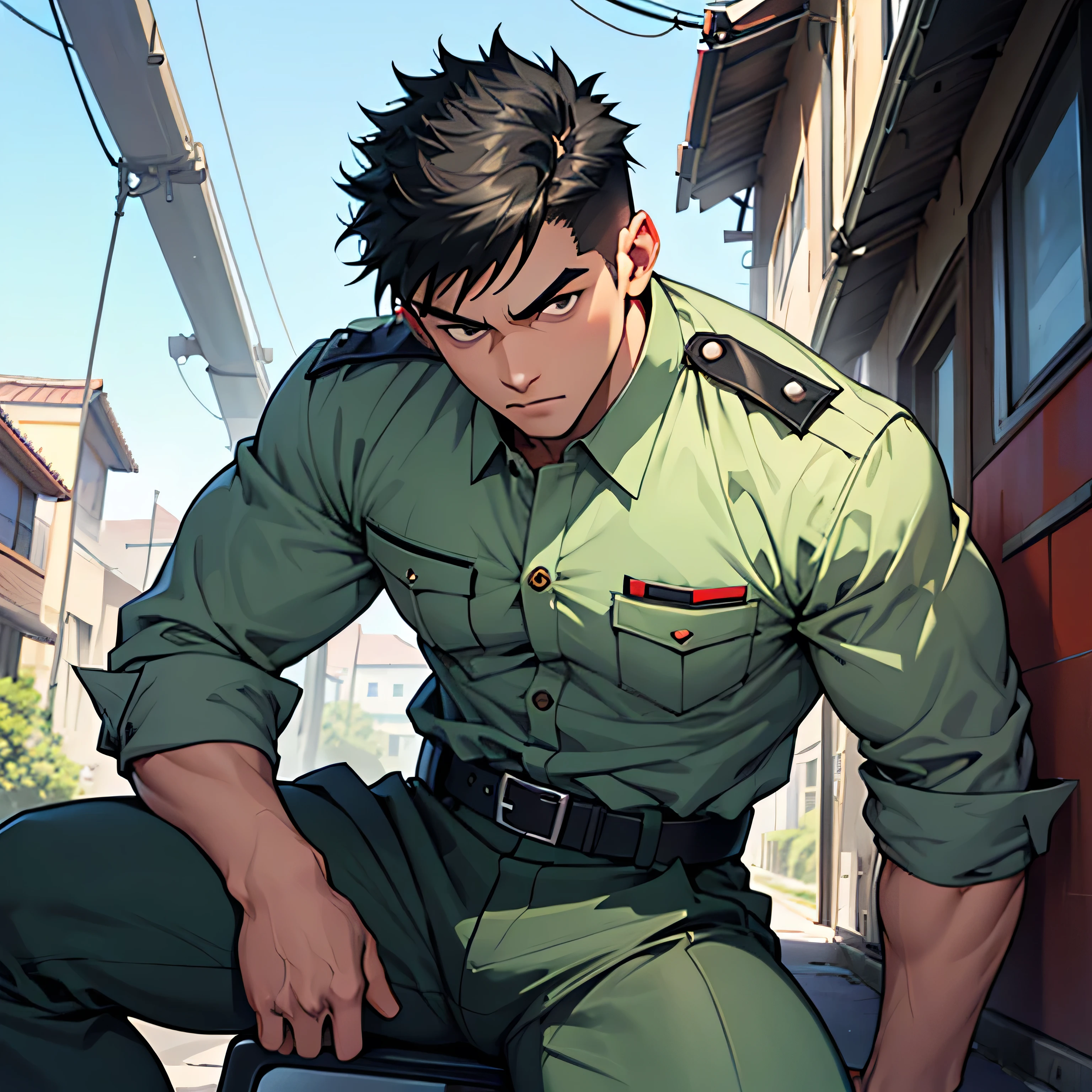 Age 25,, Dark green military uniform、 black slim pants  , black belt、cool battle pose、Spread your legs wider,black belt,logic, Gay , black hair, short hair on the side of the uniform, thick eyebrows,The eye is a blind spot、 Lightly Set Your Hair with Wax 、Masculine,salaryman,Mob characters,bad student、View from below　Menacing look　 face up