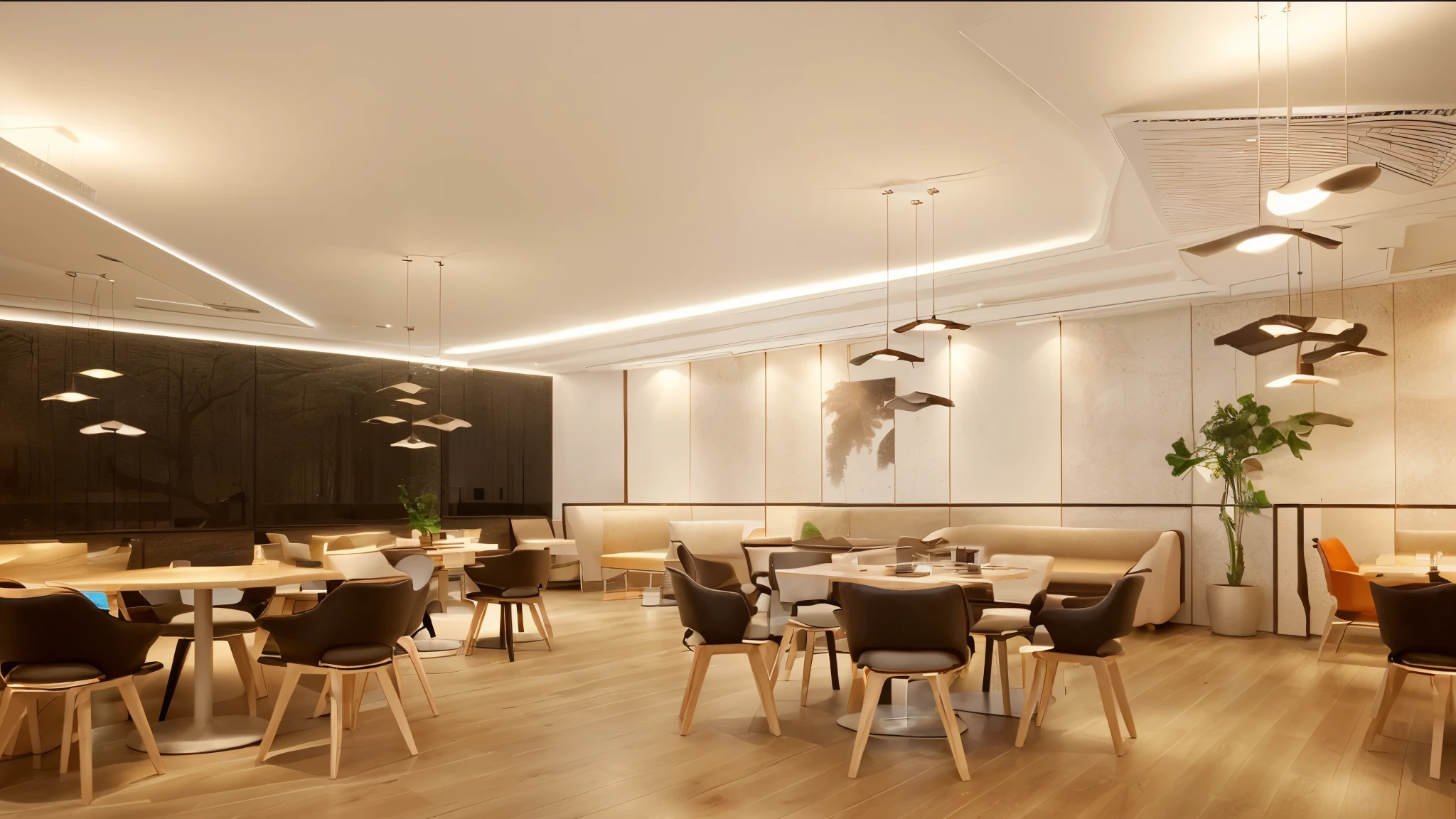 there are many chairs and tables in this modern restaurant, white wall, small red black and white stripes , on walls, tree cloud shaped led screen