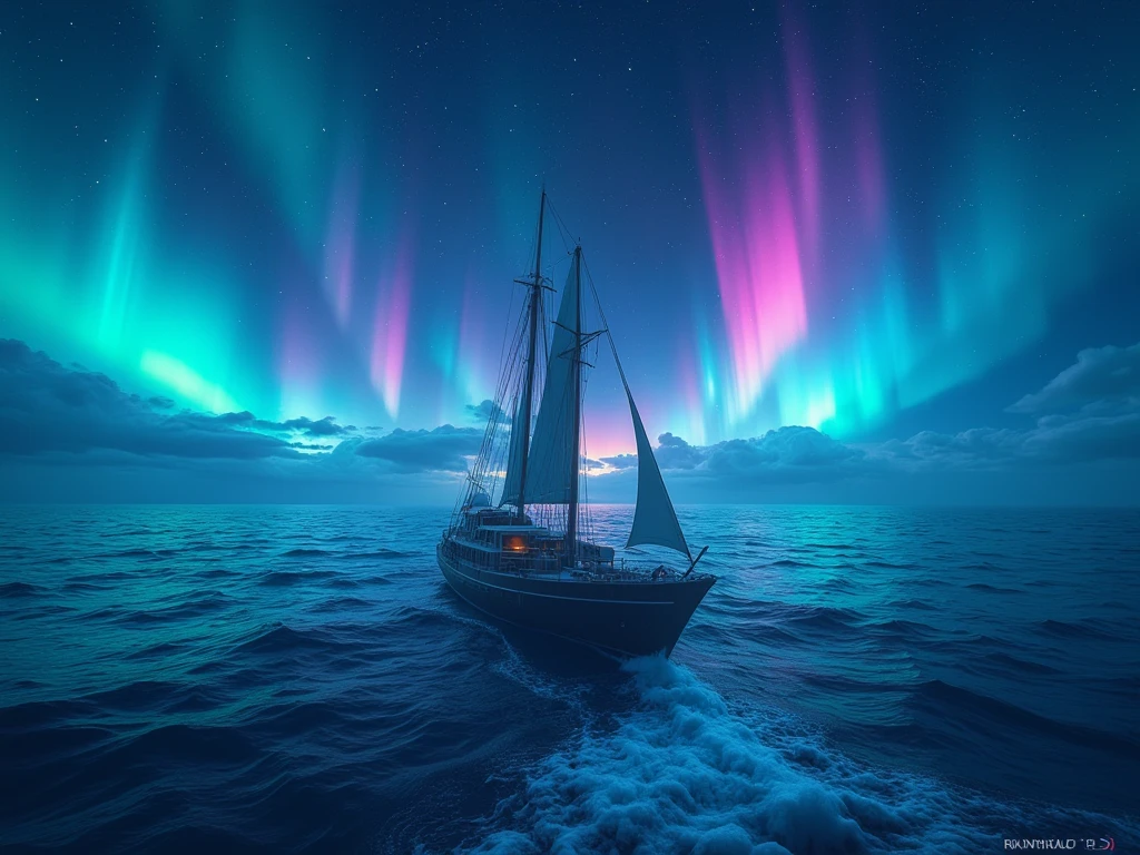 masterpiece,I'm standing at the tip of a ship, from side, auroras:1.6 are vaguely projected in the night sky（ moving illustration ）,Glaciers flow through the vast ocean, best quality,  high definition model ,  widescreen ,  first-person view,  motion blur, 8k,  digital art, 