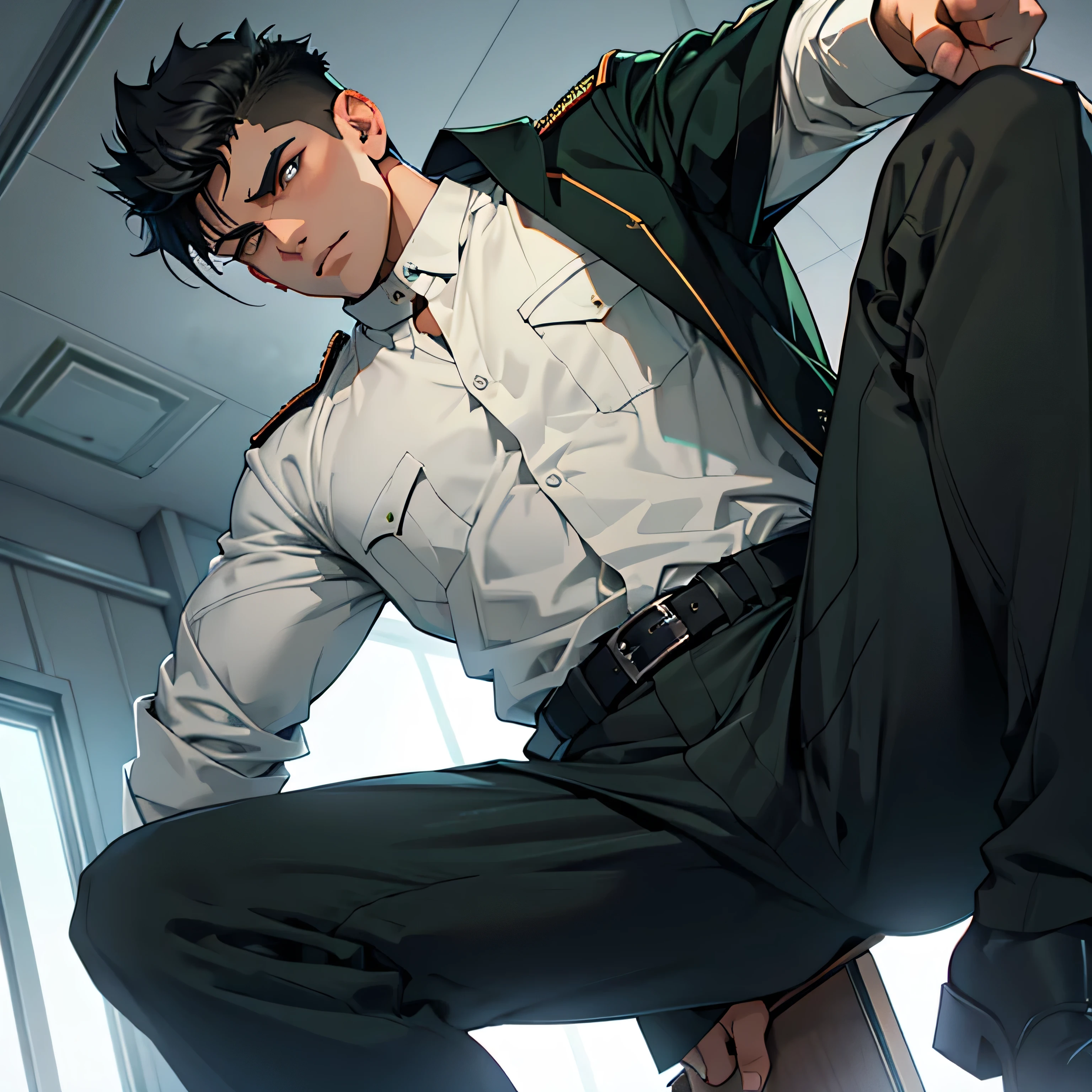 Age 25,, Dark green military uniform、 black slim pants  , black belt、cool battle pose、Spread your legs wider,black belt,logic, Gay , black hair, short hair on the side of the uniform, thick eyebrows,The eye is a blind spot、 Lightly Set Your Hair with Wax 、Masculine,salaryman,Mob characters,bad student、View from below　Menacing look　 face up