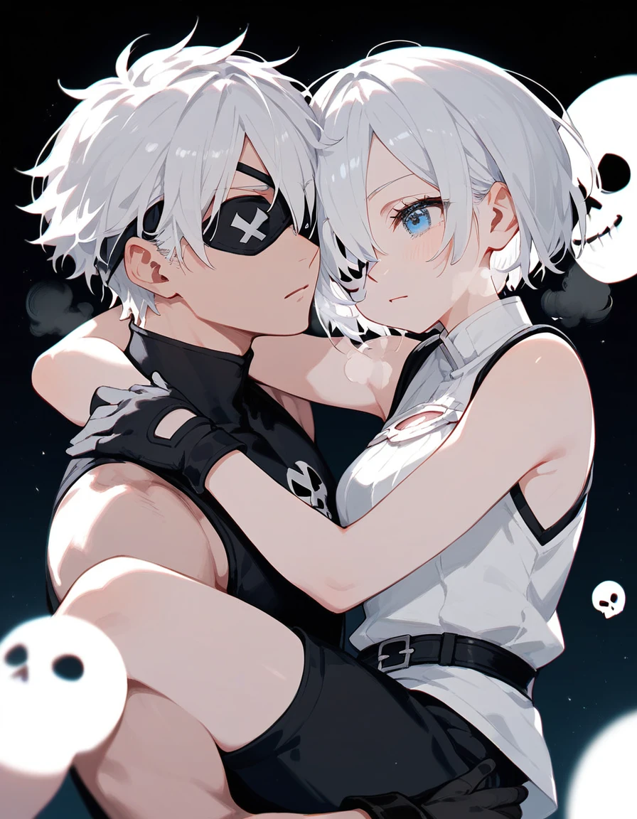 2boys,13 only、(Man's :2) ,twins,Handsome boy,Long silver hair、a blond、Collar,tattooed、Upper body naked、starrysky 、sand beach、Back lighting、hightquality、masutepiece,8K,