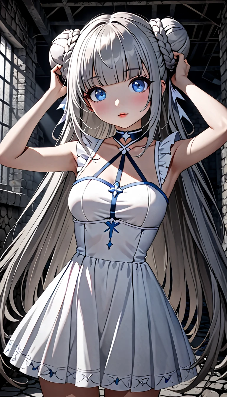 cute magical girl, (double bun, blunt bangs, silver straight long hair), amorous and lewd face, make-up, blue eyes, great proportion, white gothic bare top dress, choker, both hands above head, background dimly lit basement, (ultra detailed, absolutely resolution, best quality:1.3), 2.5D, delicate and dynamic, artistic photography, hyper realistic, graphic CG digital cartoon-style art