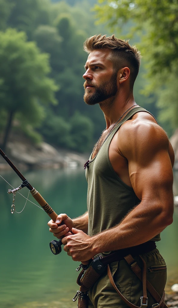 A fisherman clipart without clothes half way in the water, stands in water and water is to his chest, and fishing. The fisherman stands 90 degree on teh side and non facing to camera.