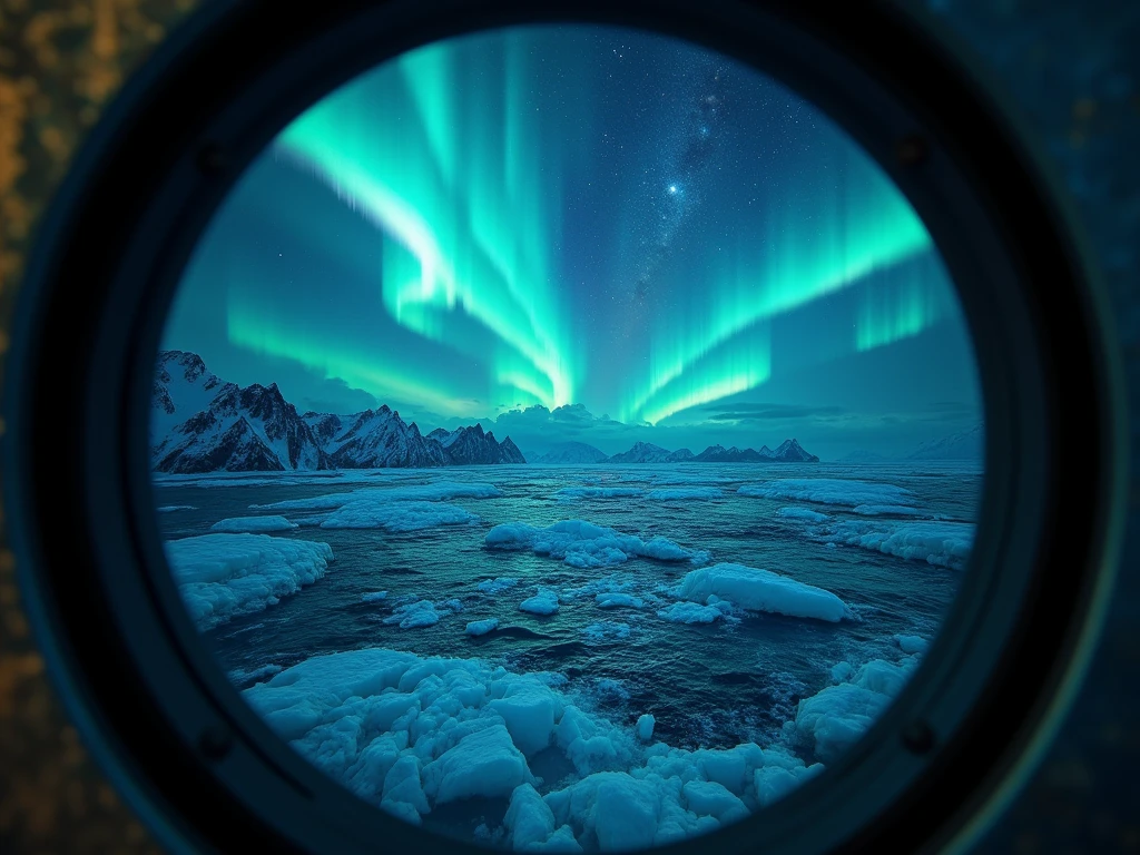 masterpiece, view from port hole window,auroras are vaguely projected in the night sky（ moving illustration ）,Glaciers flow through the vast ocean, best quality,  high definition model ,  widescreen ,  fisheye shot ,motion blur, 8k,  digital art, 