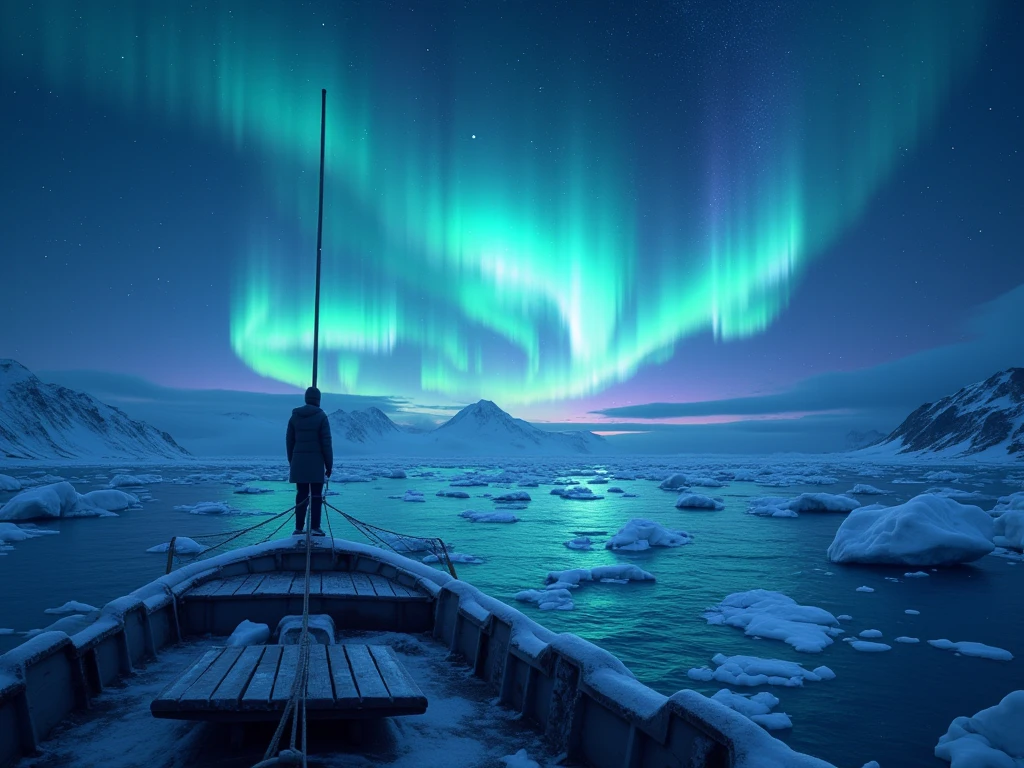 masterpiece,I'm standing at the tip of a ship, from side, auroras:1.6 are vaguely projected in the night sky（ moving illustration ）,Glaciers flow through the vast ocean, best quality,  high definition model ,  widescreen ,  first-person view,  motion blur, 8k,  digital art, 