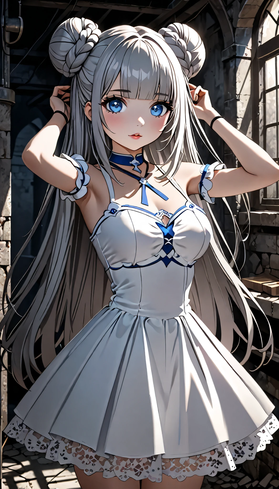 cute magical girl, (double bun, blunt bangs, silver straight long hair), amorous and lewd face, make-up, blue eyes, great proportion, white gothic bare top dress, choker, both hands above head, background dimly lit basement, (ultra detailed, absolutely resolution, best quality:1.3), 2.5D, delicate and dynamic, artistic photography, hyper realistic, graphic CG digital cartoon-style art