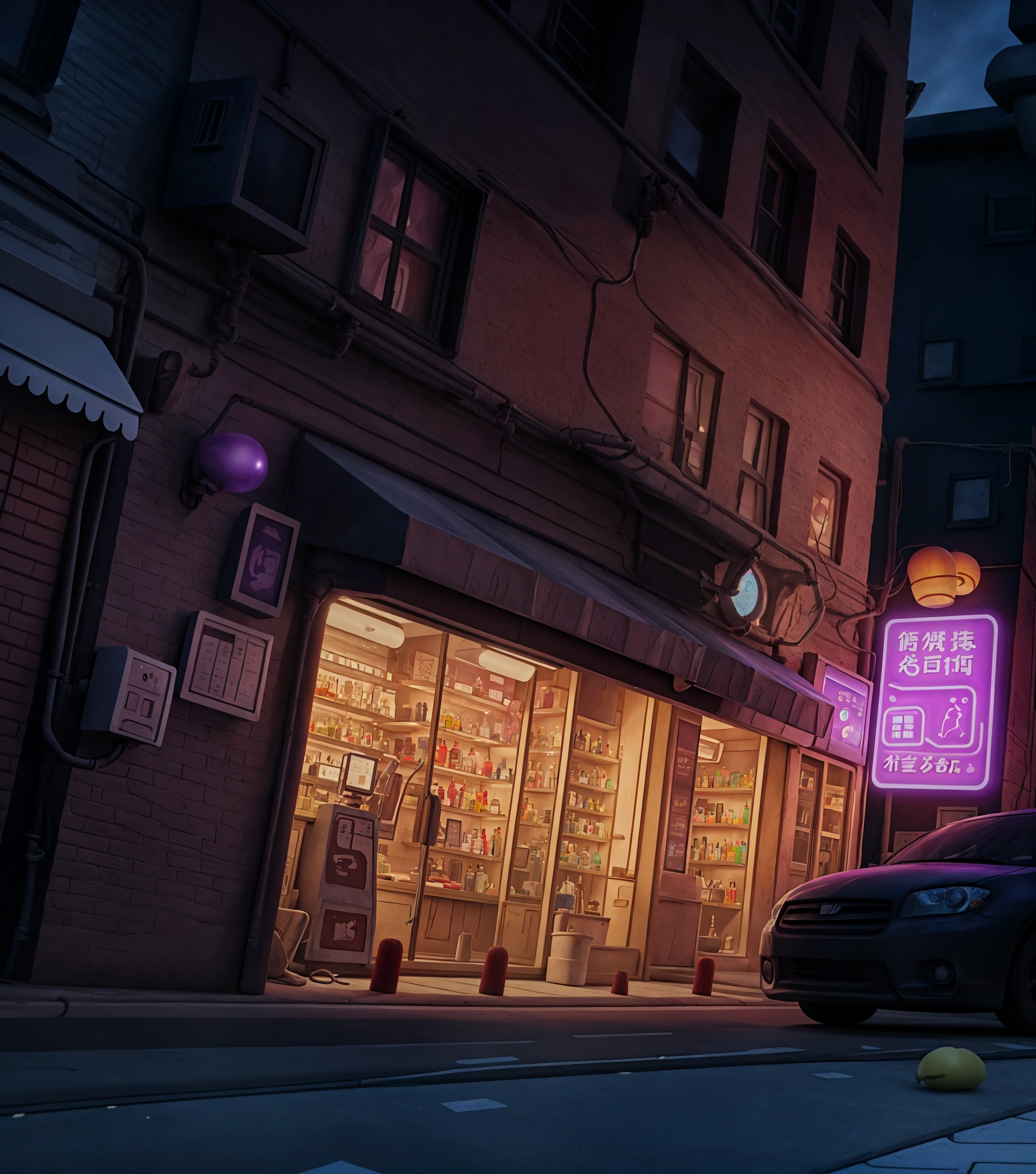 Looking up， cartoon style ，  Small bar facing the street at night ，The inside of the store is illuminated ， The entrance is a picture of a purple neon light，Neon Signs， There are small windows upstairs ， The glass is reflective purple lighting ， There are pipes outside the building ， square air conditioning unit ，UE5 Rendering,Lumen lighting rendering ,3D Rendering