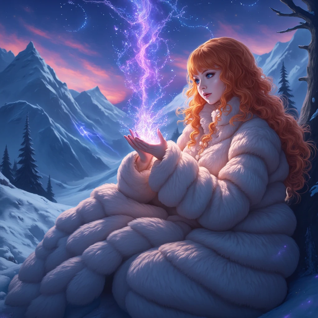 The girl holds the Northern Lights So Beautiful That it shimmers in her hands ,  The girl herself Beautiful and Sexy Bright curly hair is long that goes down to the ground, Dressed in a Beautiful Fur Dress with Down Upholstery Large voluminous dress ,  Background Snowy Mountains The bench and the girl sits looking at the Northern Lights in her hands ,  Best quality, masterpiece, 32K,  Complex Details ,