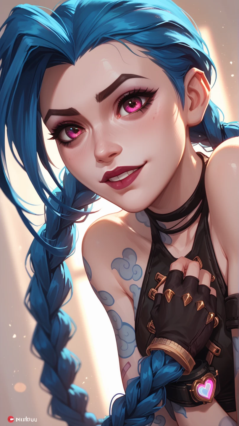 Jinx in League of Legends,  snuggles up in her arms ,  and watch the audience.  she has pink eyes and long double braids , while the cat has brown eyes . Dutch camera perspective , close up,  The warm lighting makes for a lovely and whimsical atmosphere.