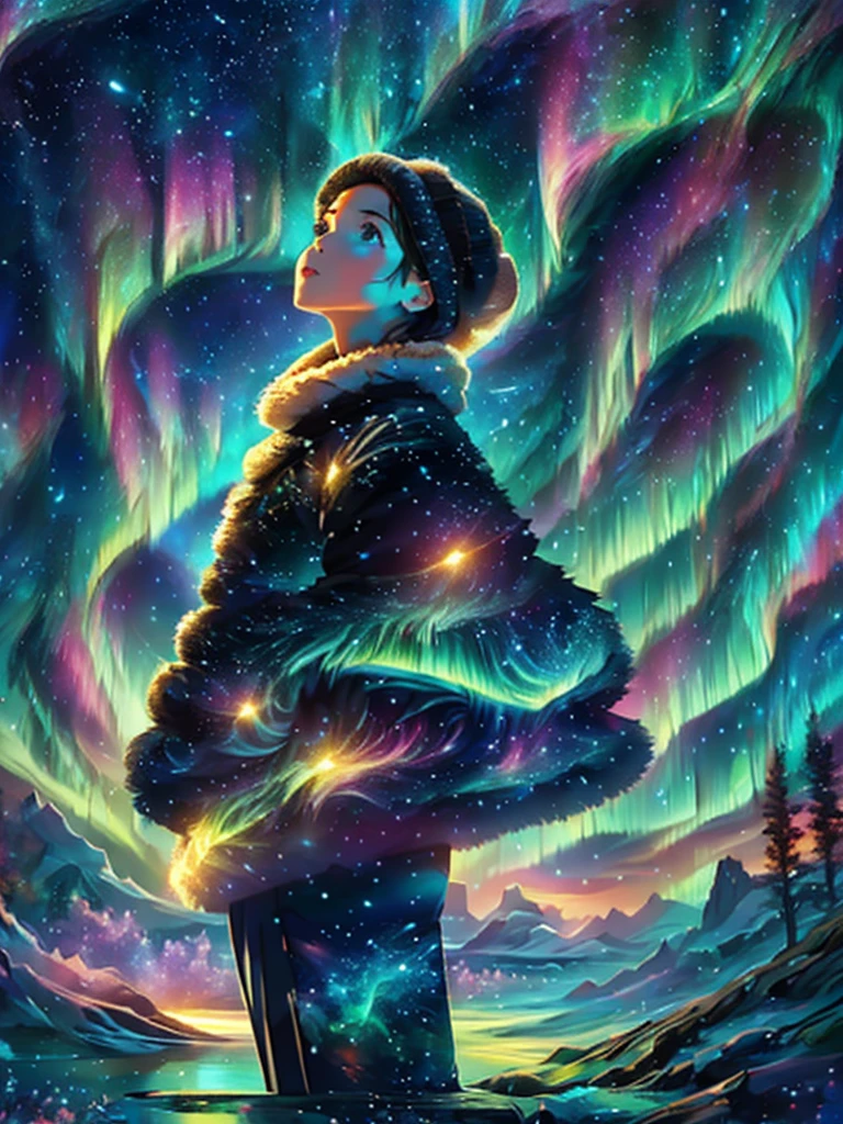 The girl is looking up at the sky,aurora,White Breath, dress,Above the glacier , Dynamic Angles ,aurorastyle