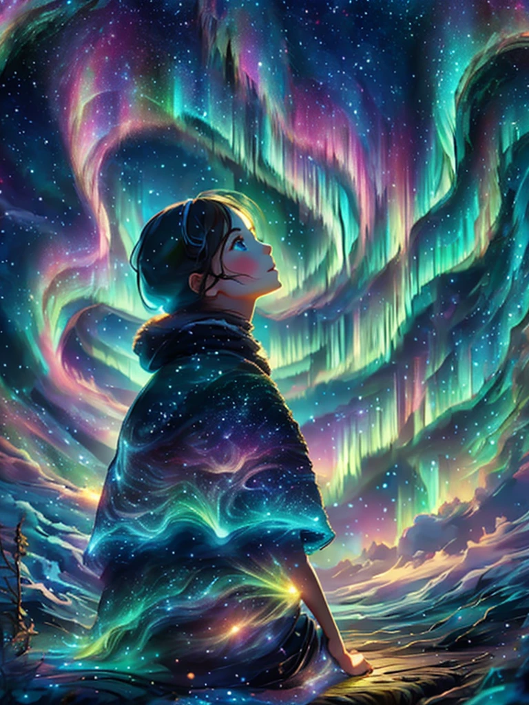 The girl is looking up at the sky,aurora,White Breath, dress,Above the glacier , Dynamic Angles ,aurorastyle