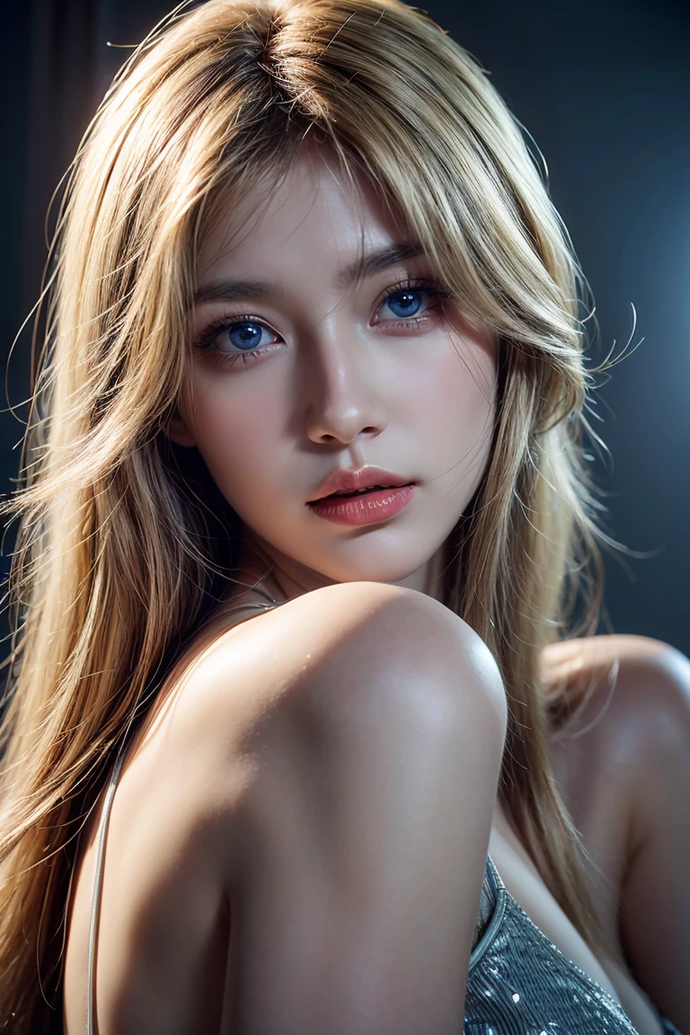 (((No NSFW))), masterpiece, atmospheric, high resolution, best quality, ultra-detailed, hyper detailed, hyper realistic, facing the camera head on, intricately detailed hyperdetailed, realistic, sharp features, highly detailed, sharp focus, perfect face, perfect symmetrically perfect eyes, big blue Eyes, perfect full lips, red thin lips, flexible female form, cinematic, film light, vibrant, dynamic studio lighting, shadow not dark, high key, ((Dark background)), Sexy face, Facial expressions when receiving pleasure, straight Bangs, pure white hair, Big round and bouncy breasts, Exposed cleavage, Small and wasp waist, Wide hips, attractive thighs, black sweater that is long and has buttons undone, From front, upper angle, full body cowboy shot of female model lying on the floor. IF her areola and nipple are visible, her areolas and nipples are anatomically correct, pink color, seen clearly.