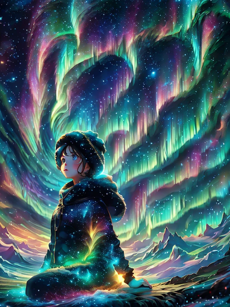 The girl is looking up at the sky,aurora,White Breath, dress,Above the glacier , Dynamic Angles ,aurorastyle