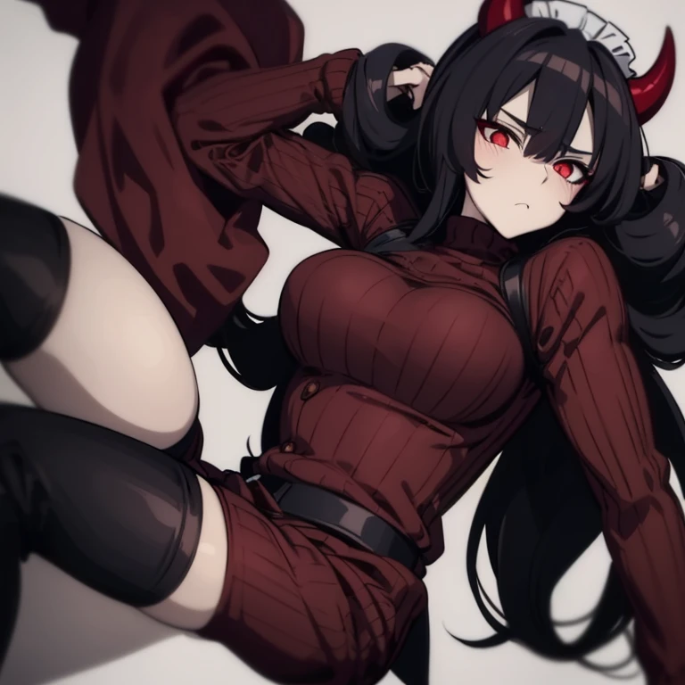 modeus(helltaker), black horns, large breasts, simple background, red eyes, long sleeves, closed mouth, symbol-shaped pupils, clothes tug, white background, black thighhighs, solo, sweater, long hair, white hair, medium hair, demon tail, sleeves past wrists, ribbed sweater, thighhighs, blush, turtleneck, 1girl, turtleneck sweater, heart, demon horns, tail, leaning forward, black tail, horns, heart-shaped pupils, red sweater, looking at viewer, hair between eyes, cowboy shot, demon girlA girl frontal,((full bodyesbian,whaite hair,curlies,(the maid outfit))),Smoke a big cigarette,Young, White background