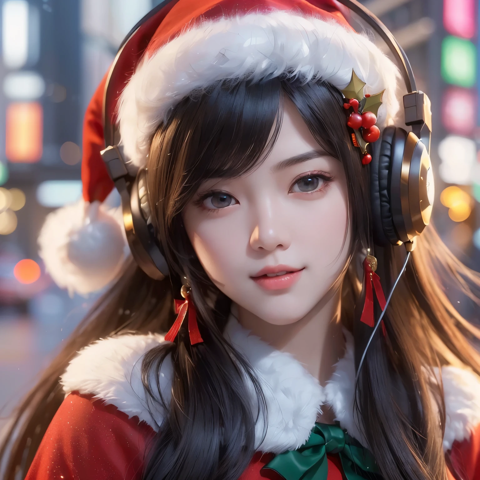Top Quality, Masterpiece, Ultra High Resolution, (Photorealistic: 1.4), Raw Photo, 1 Girl, black hair, Glossy Skin,  (((Ultra Realistic Details)), Portrait, Global Illumination, Shadows, Octane Rendering, 8K, Ultra Sharp, Intricate Ornaments Details, realistic skin, sweat effect, very intricate detail, realistic light, CGSoation trend, brown eyes, glowing eyes, wearing christmast theme bodysuit, wearing headphone, Long ponytail hair, full body shot, spaceship bridge background, dynamic pose, close up, smile, wearing santa hat
