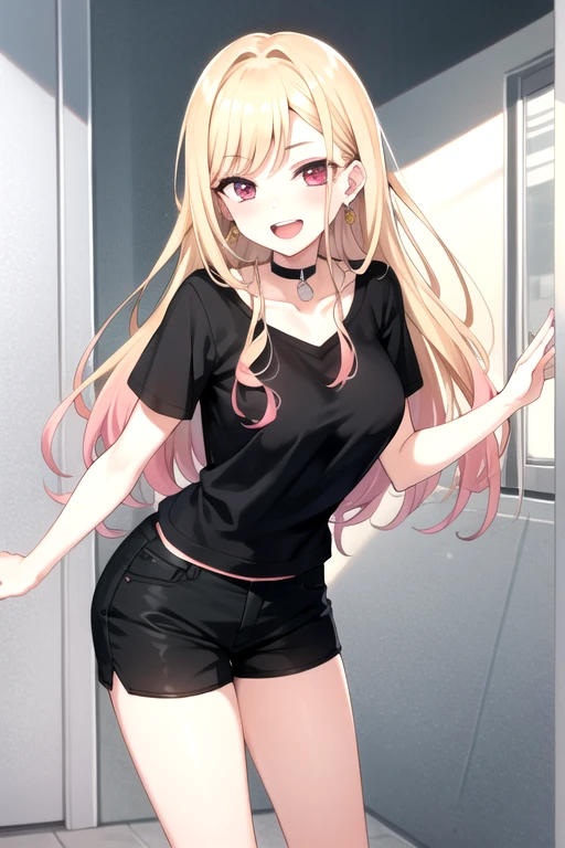 tall body, tall, long legs, mature female, mature, adult, eft_marin, 1girl, kitagawa marin, blonde hair, solo, long hair, shirt, shorts, smile, red eyes, black shorts, black shirt, piercing, open mouth, looking at viewer, multicolored hair, choker, earrings, jewelry, t-shirt, ear piercing, print shirt, blush, short sleeves, leaning forward, bangs, gradient hair, breasts, cowboy shot, teeth, pink nails, black choker, colored tips, barbell piercing, short shorts, :d, nail polish