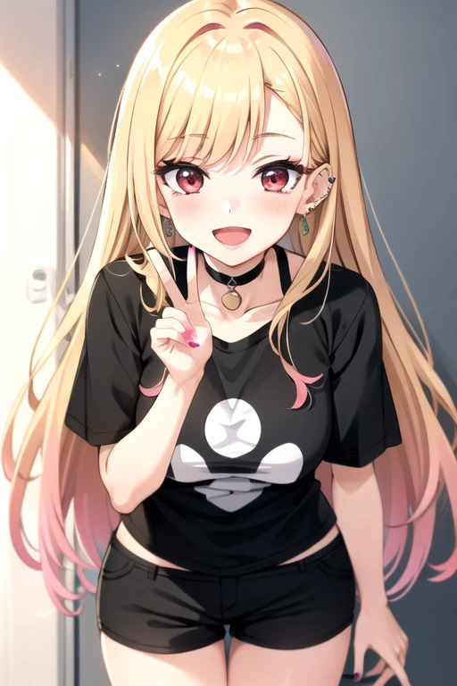 tall body, tall, long legs, mature female, mature, adult, eft_marin, 1girl, kitagawa marin, blonde hair, solo, long hair, shirt, shorts, smile, red eyes, black shorts, black shirt, piercing, open mouth, looking at viewer, multicolored hair, choker, earrings, jewelry, t-shirt, ear piercing, print shirt, blush, short sleeves, leaning forward, bangs, gradient hair, breasts, cowboy shot, teeth, pink nails, black choker, colored tips, barbell piercing, short shorts, :d, nail polish