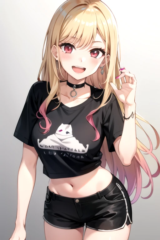 tall body, tall, long legs, mature female, mature, adult, eft_marin, 1girl, kitagawa marin, blonde hair, solo, long hair, shirt, shorts, smile, red eyes, black shorts, black shirt, piercing, open mouth, looking at viewer, multicolored hair, choker, earrings, jewelry, t-shirt, ear piercing, print shirt, blush, short sleeves, leaning forward, bangs, gradient hair, breasts, cowboy shot, teeth, pink nails, black choker, colored tips, barbell piercing, short shorts, :d, nail polish