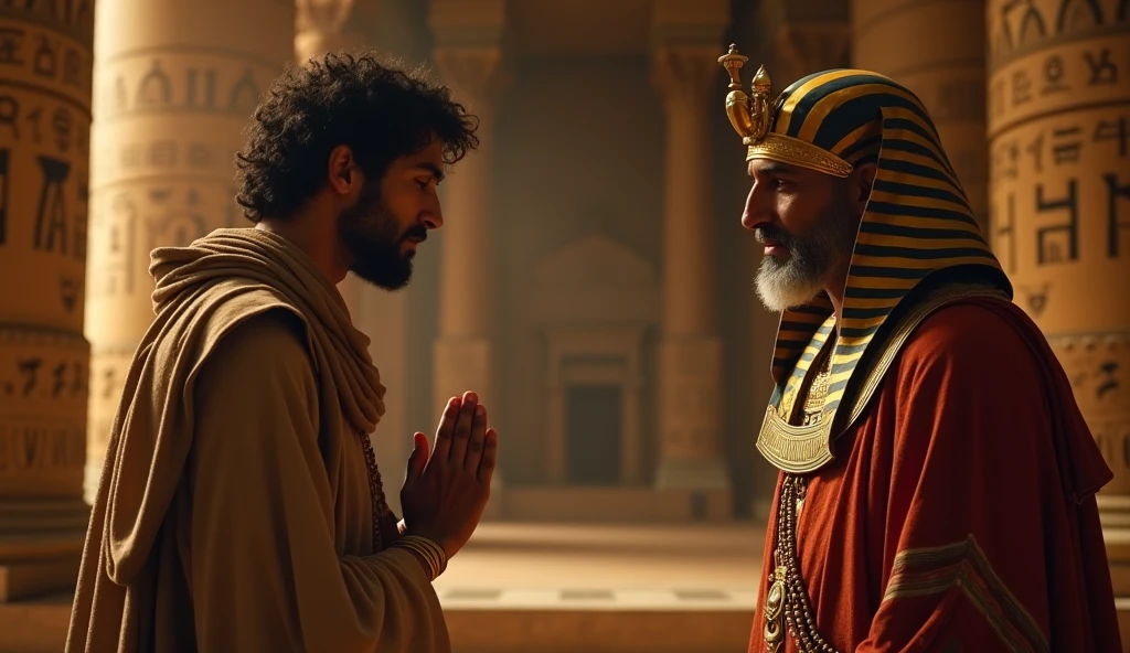 Joseph Speaking to Pharaoh: A close-up half-body shot of Joseph standing respectfully before Pharaoh. Joseph’s posture is humble, with his head slightly bowed and hands loosely clasped in front of him. His expression is calm and sincere as he attributes his dream interpretation skills to God. Pharaoh, in his elaborate royal attire, listens intently. The background includes elements of Pharaoh’s opulent throne room with decorative columns and hieroglyphs.