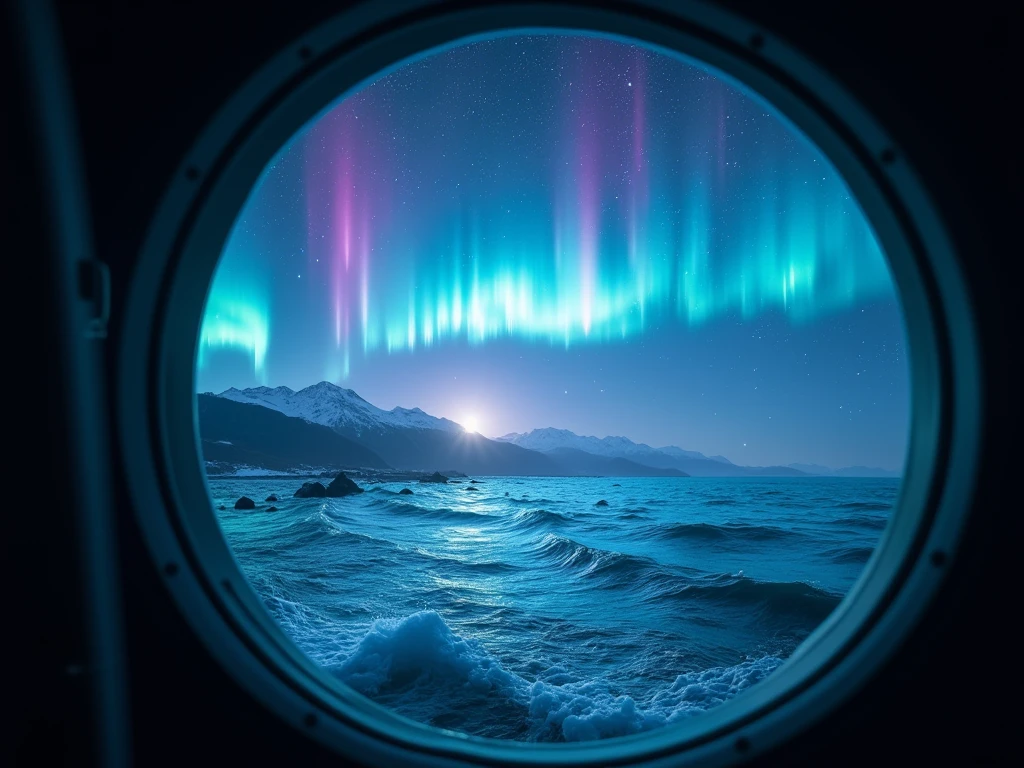 masterpiece, view from port hole window,auroras are vaguely projected in the night sky（ moving illustration ）,Glaciers flow through the vast ocean, best quality,  high definition model ,  widescreen ,  fisheye shot ,motion blur, 8k,  digital art, 