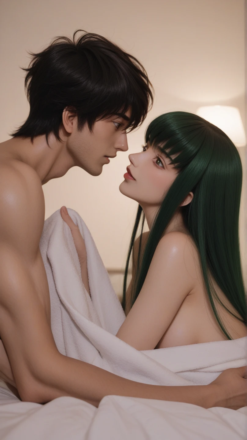 Anime couple ,  anime woman, CC, Code Geass, long green hair, yellow eyes , transparents towel , on bed , sit on anime man , lelouch lampuerge , black hair , purpul eyes ,  , دقة عالية, عمل رائع, علم التشريح صحيح, دقيق, أفضل جودة, 