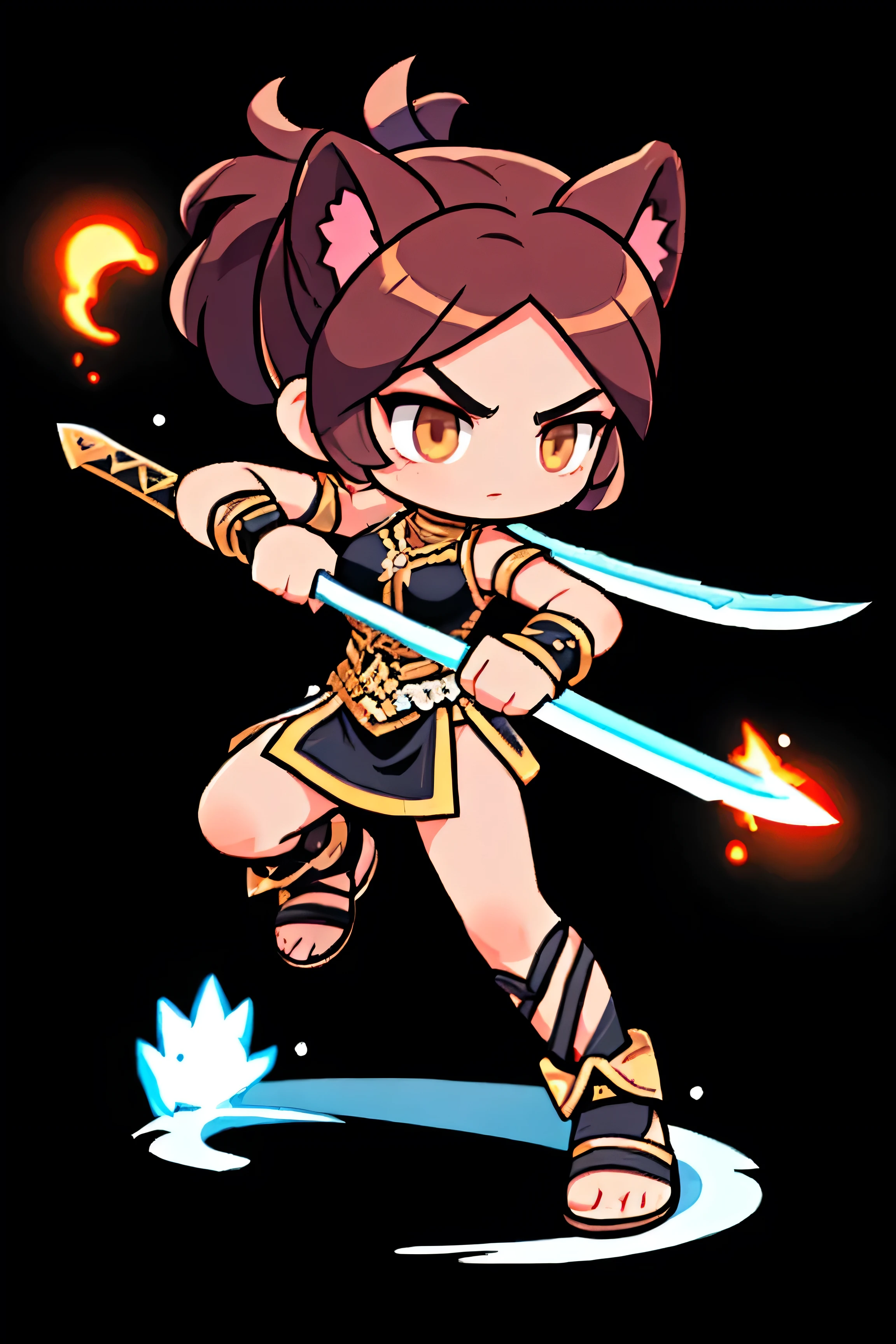 A female warrior wields a sword  ,   Greek female warrior, Costume color black, Natural background. ivory hair  ,  cat ears , brown eyes ,  Hero landing moves with a sword,   Battle Sword  . Aggressive posture  